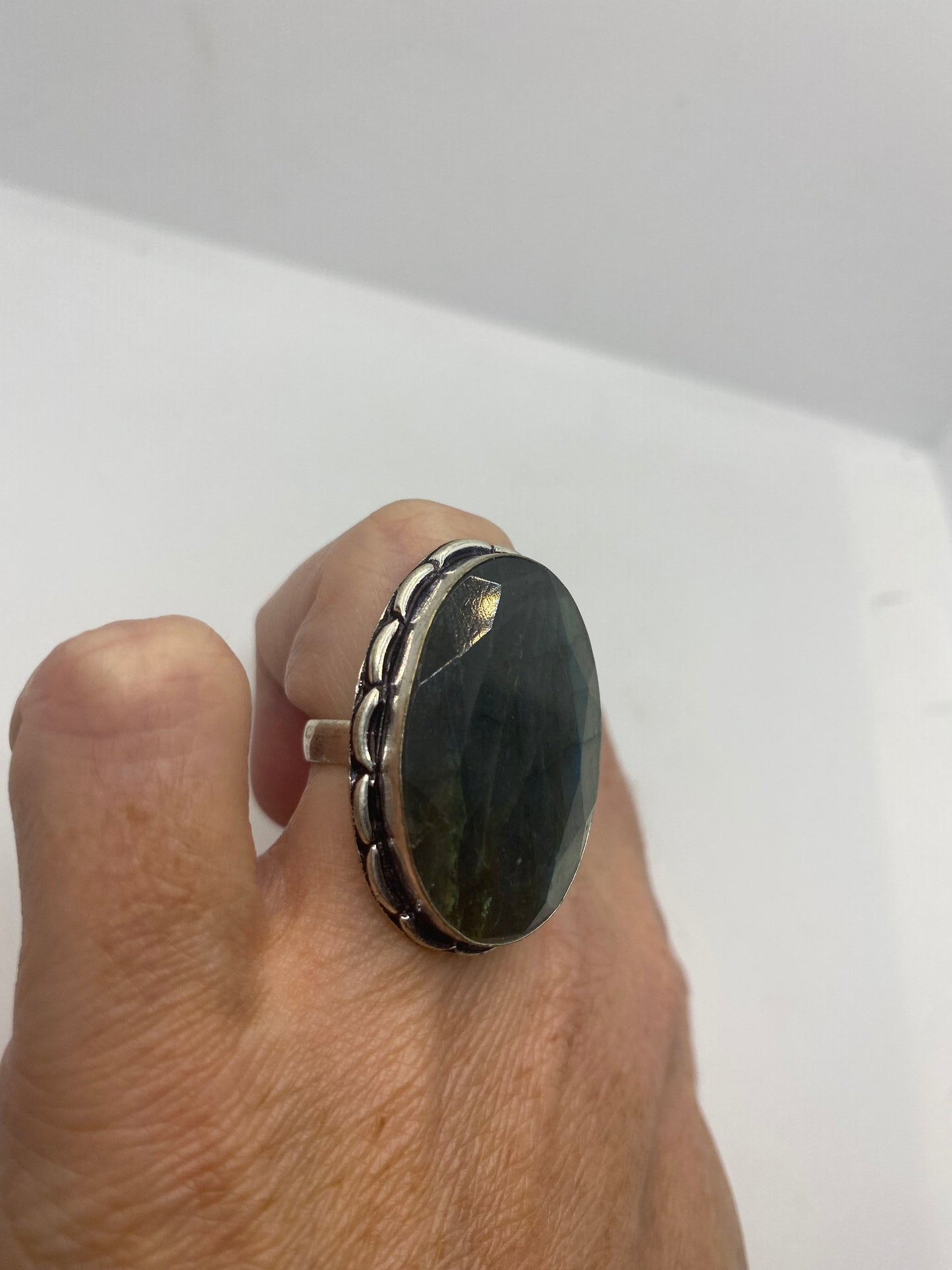 Vintage Green Rainbow Labradorite Silver Statement Ring