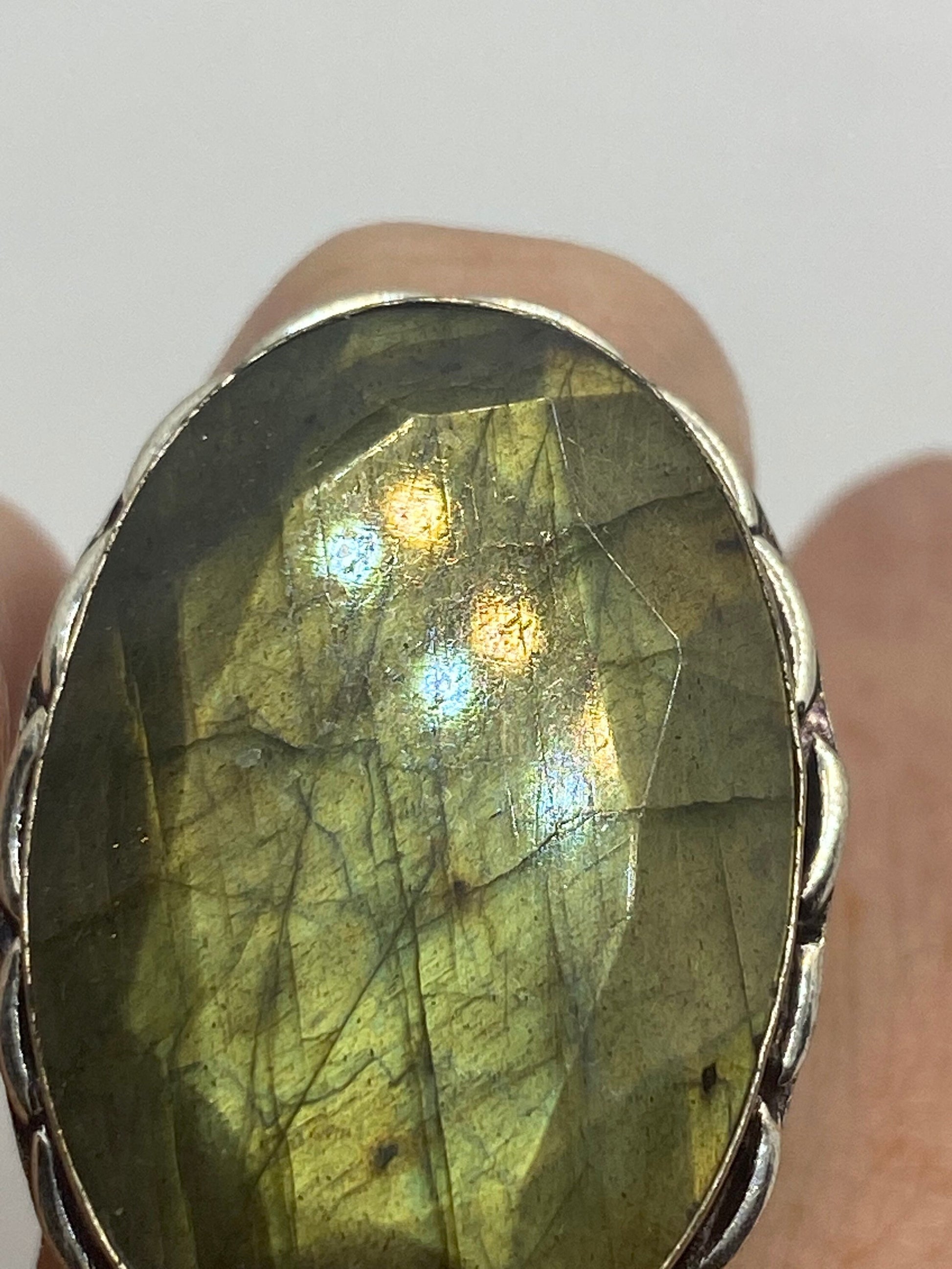 Vintage Green Rainbow Labradorite Silver Statement Ring