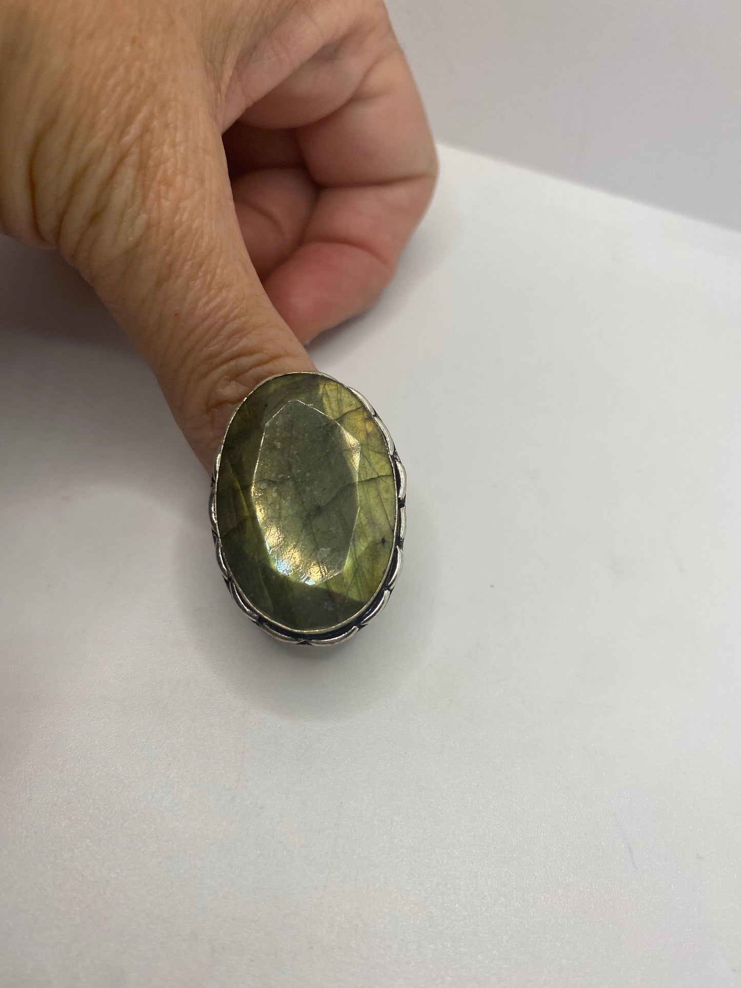 Vintage Green Rainbow Labradorite Silver Statement Ring