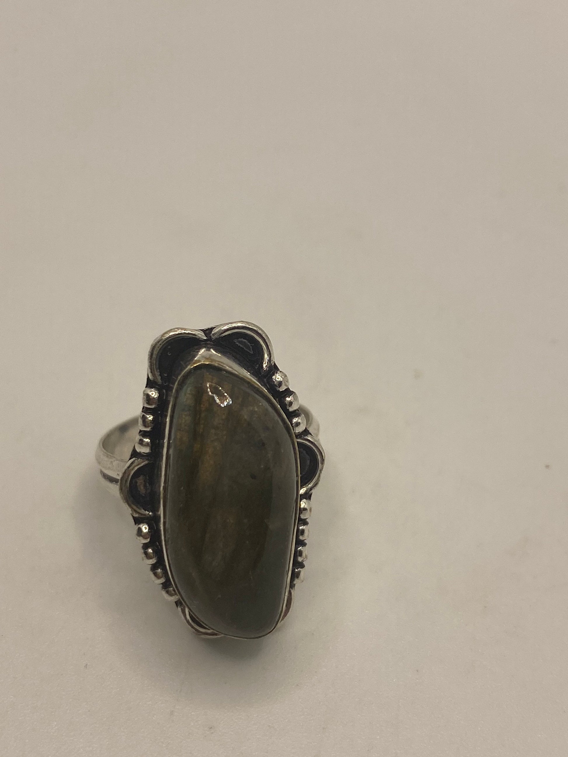 Vintage Green Rainbow Labradorite Silver Statement Ring