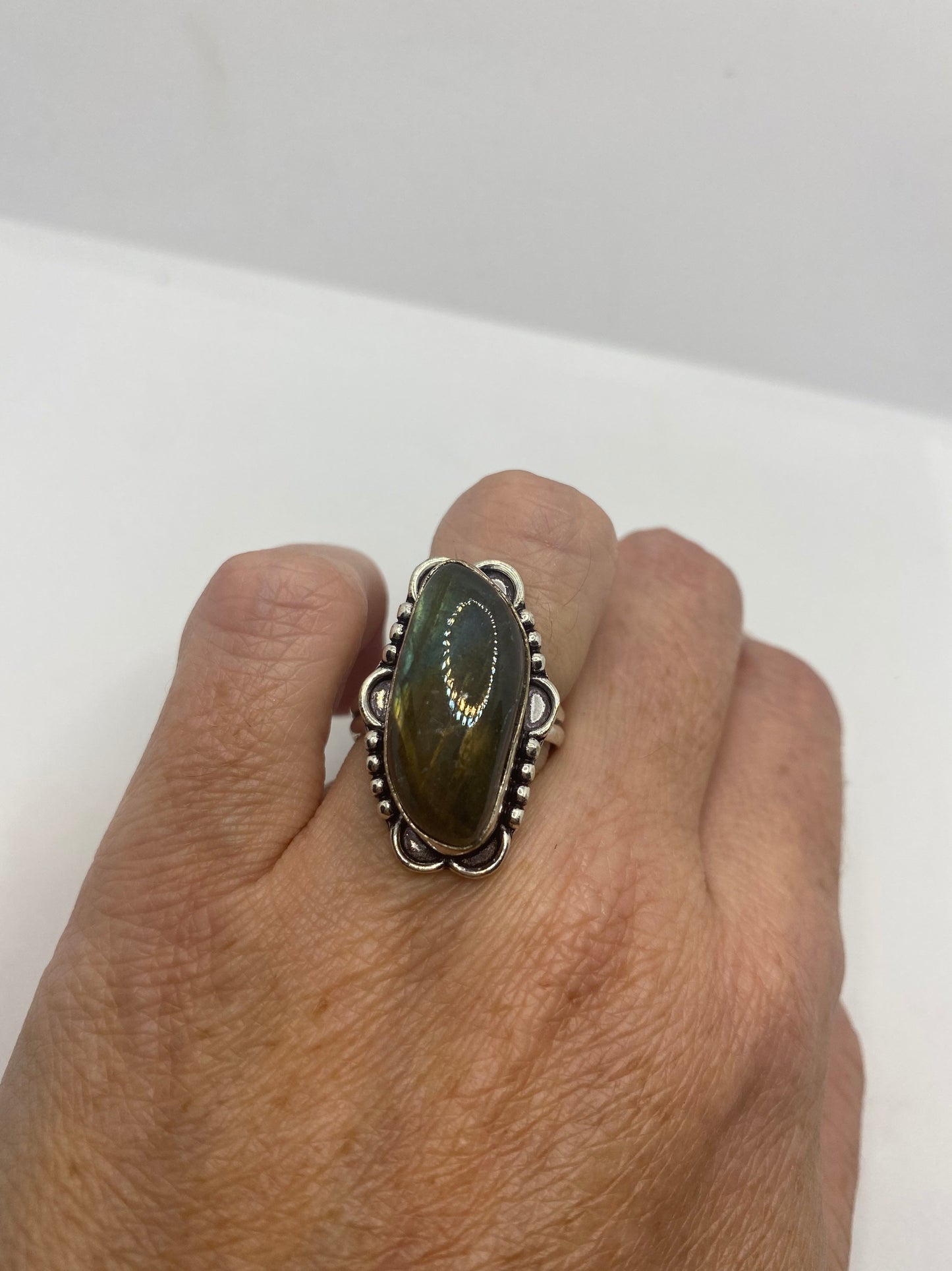 Vintage Green Rainbow Labradorite Silver Statement Ring