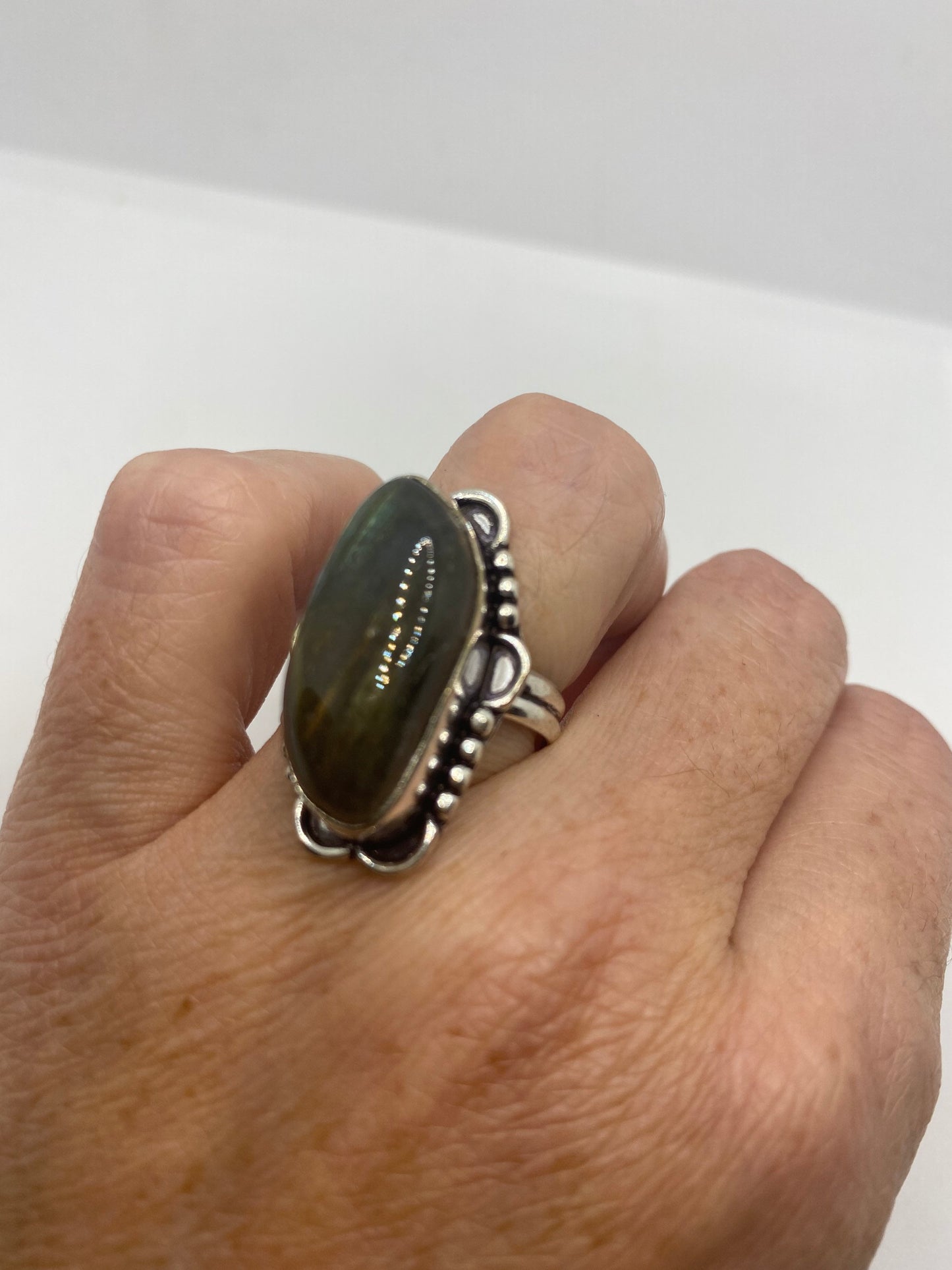 Vintage Green Rainbow Labradorite Silver Statement Ring