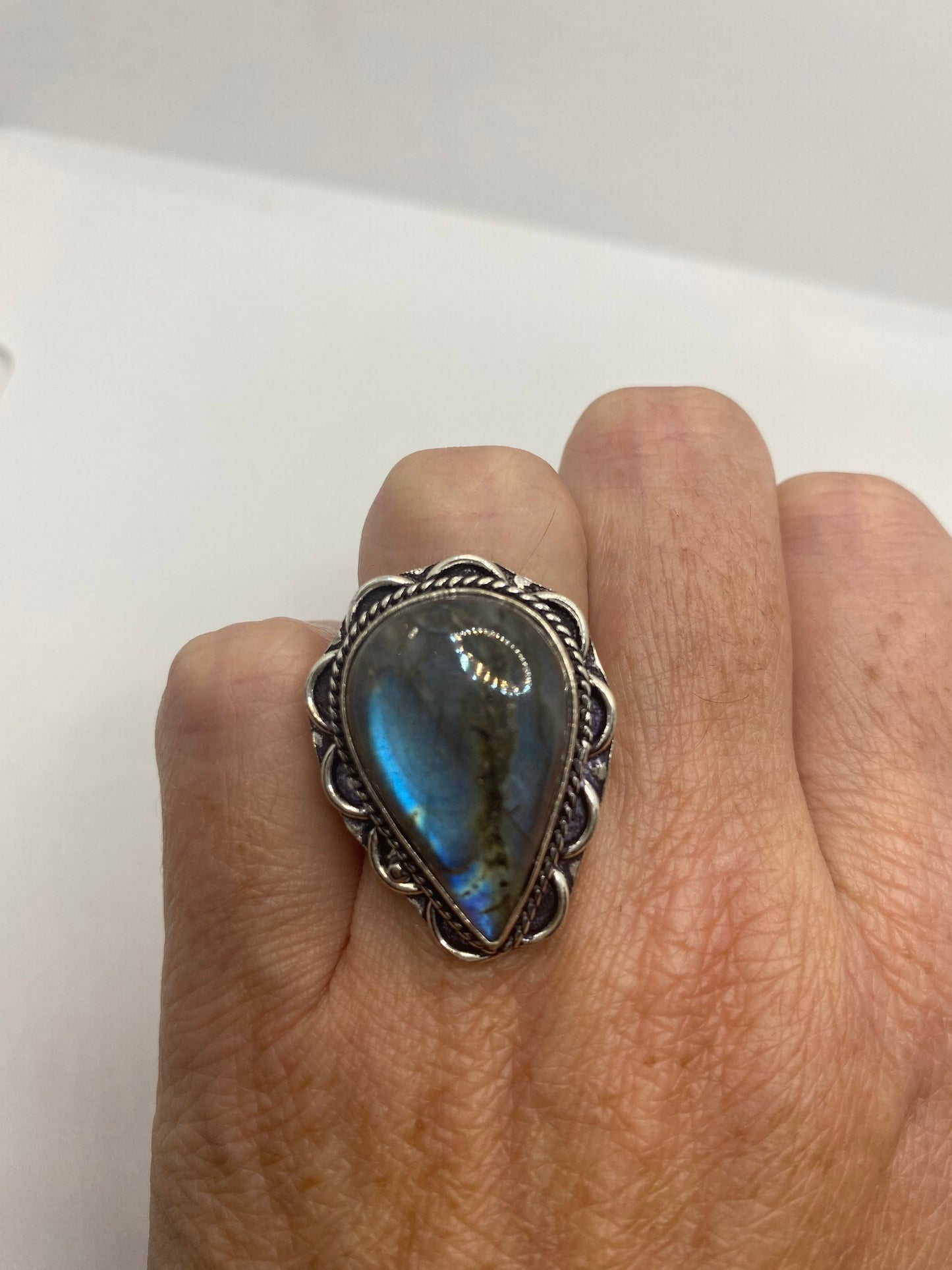 Vintage Green Rainbow Labradorite Silver Statement Ring