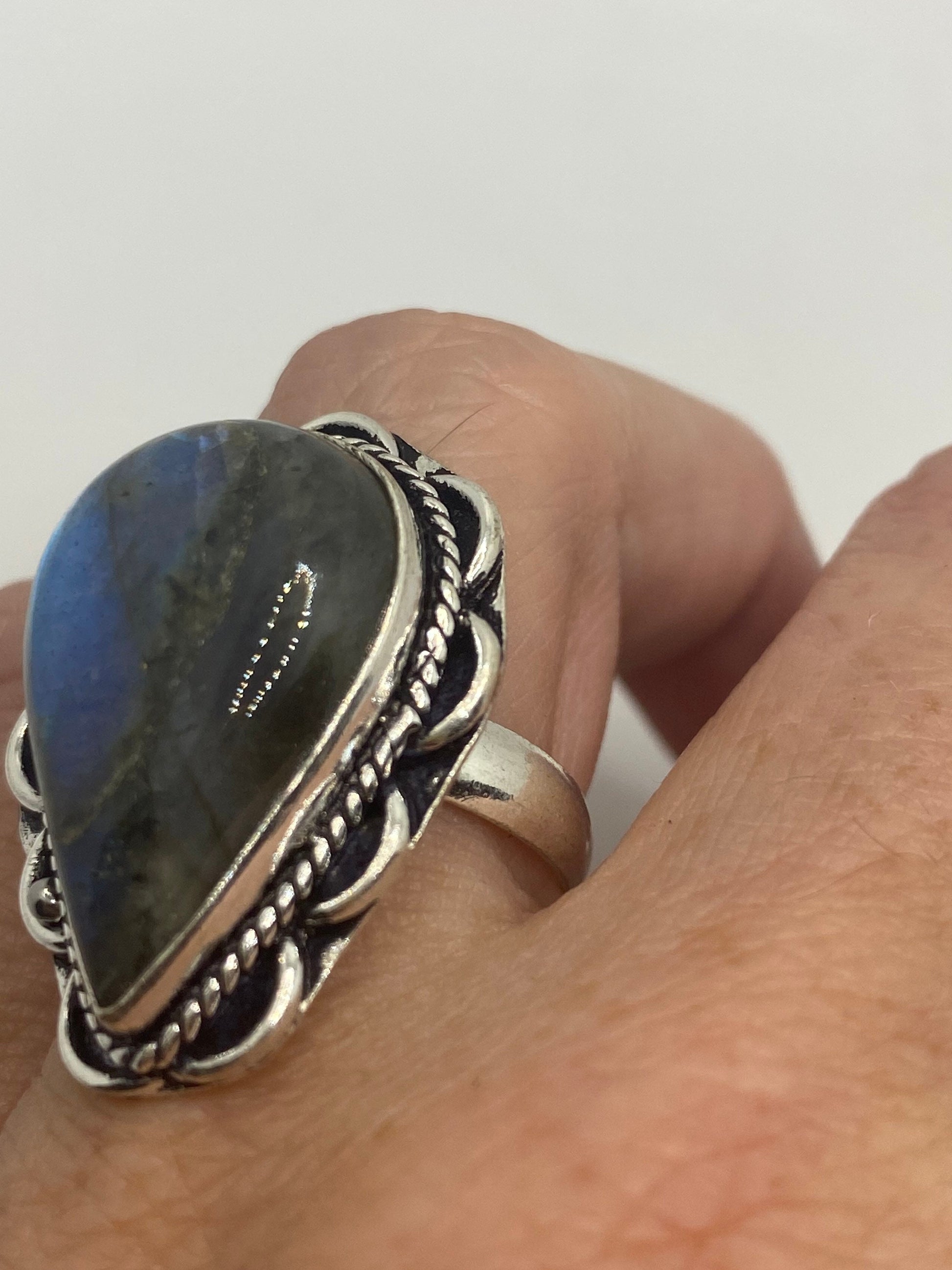 Vintage Green Rainbow Labradorite Silver Statement Ring