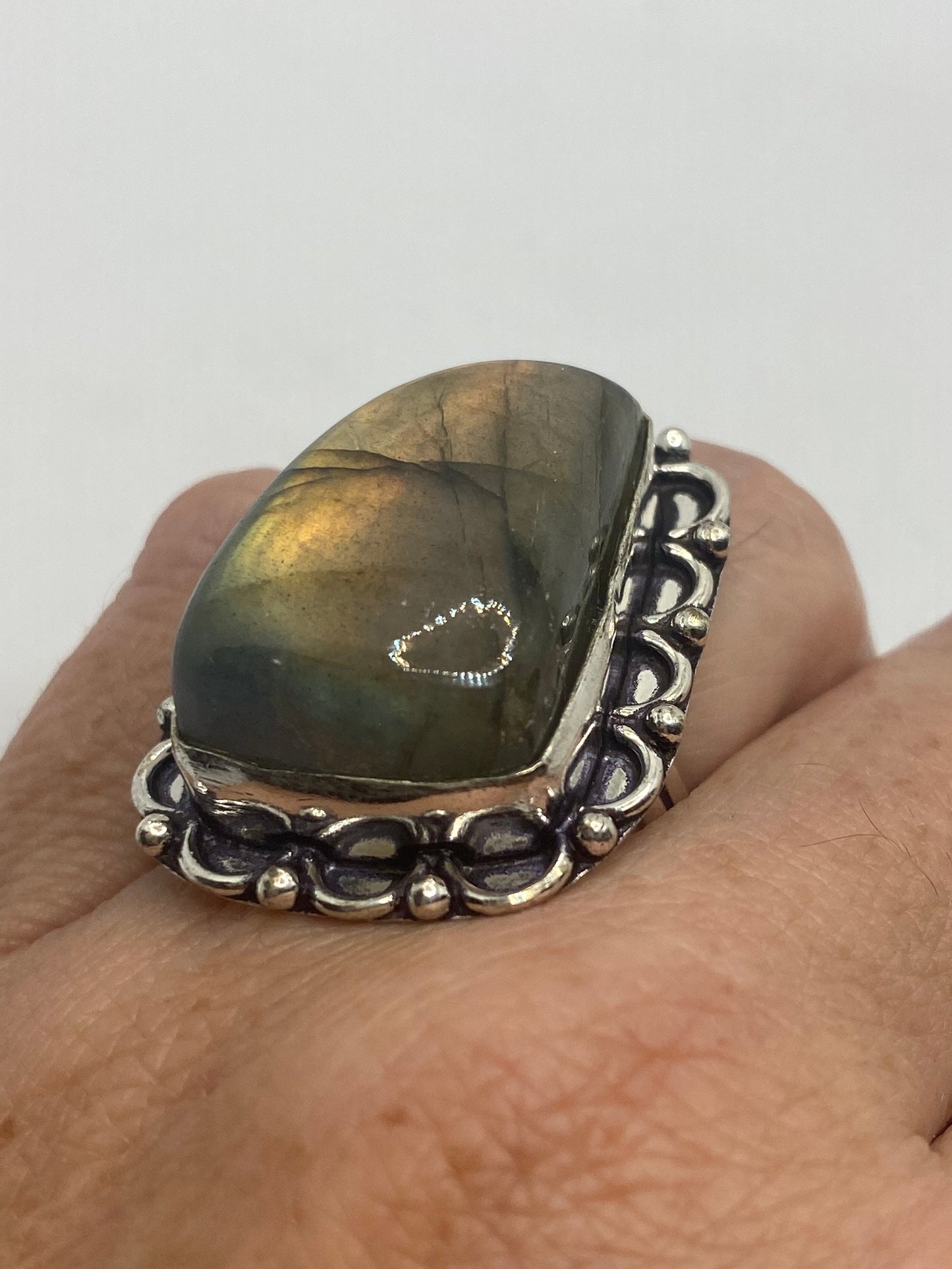 Vintage Green Rainbow Labradorite Silver Statement Ring