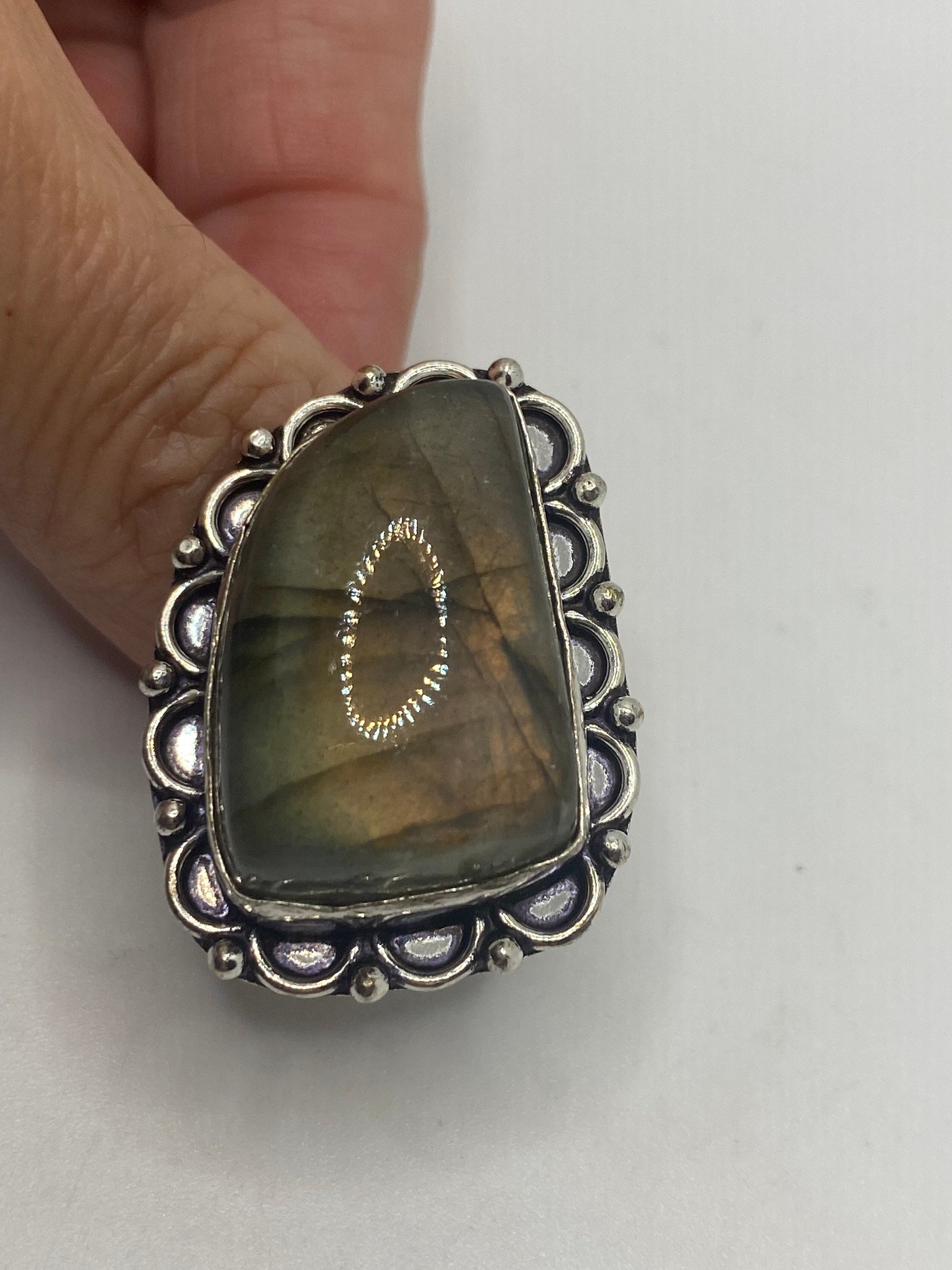 Vintage Green Rainbow Labradorite Silver Statement Ring