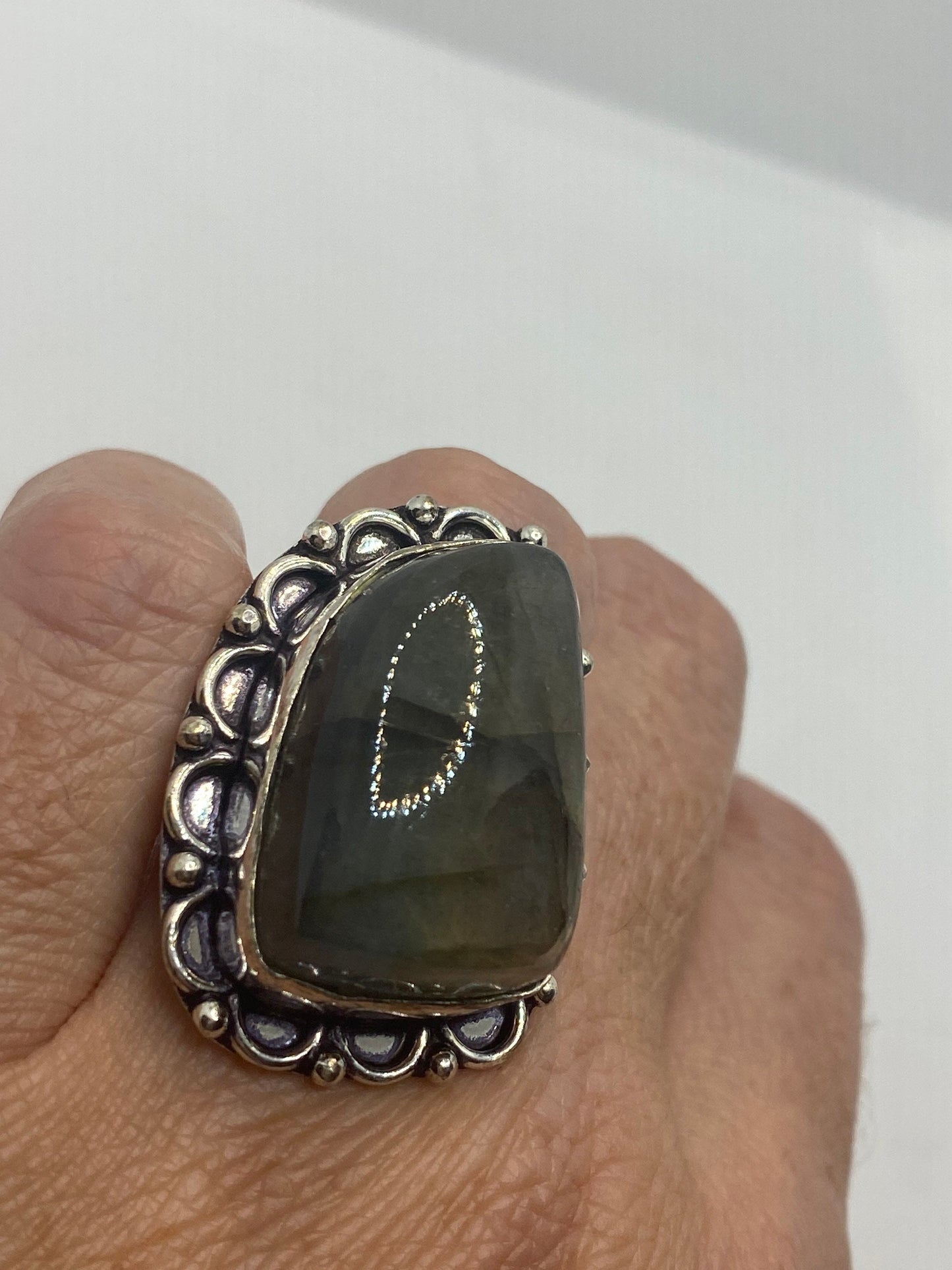 Vintage Green Rainbow Labradorite Silver Statement Ring