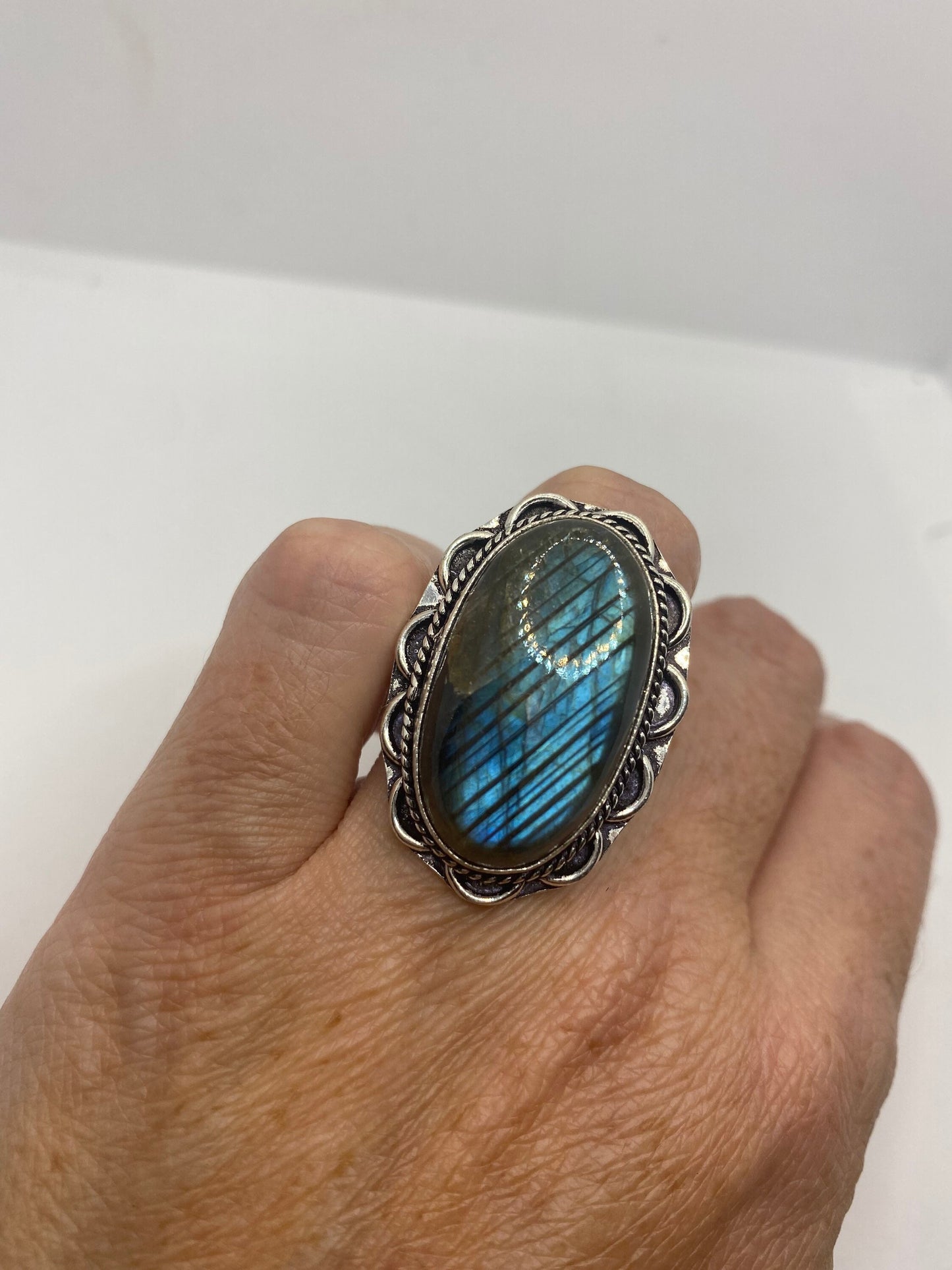 Vintage Green Rainbow Labradorite Silver Statement Ring