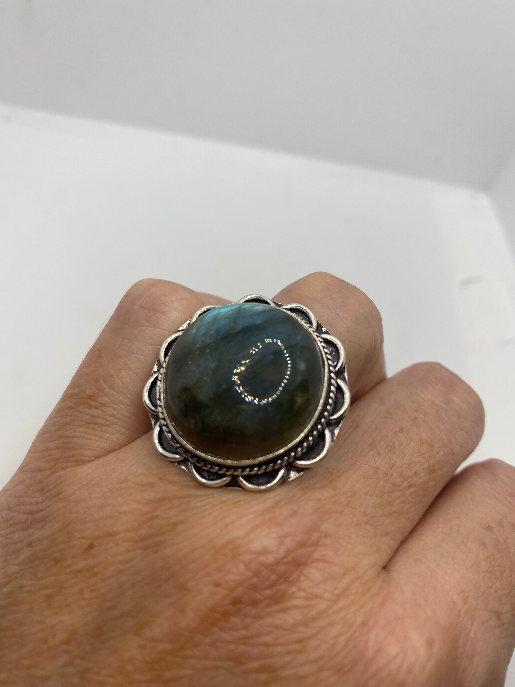 Vintage Green Rainbow Labradorite Silver Statement Ring