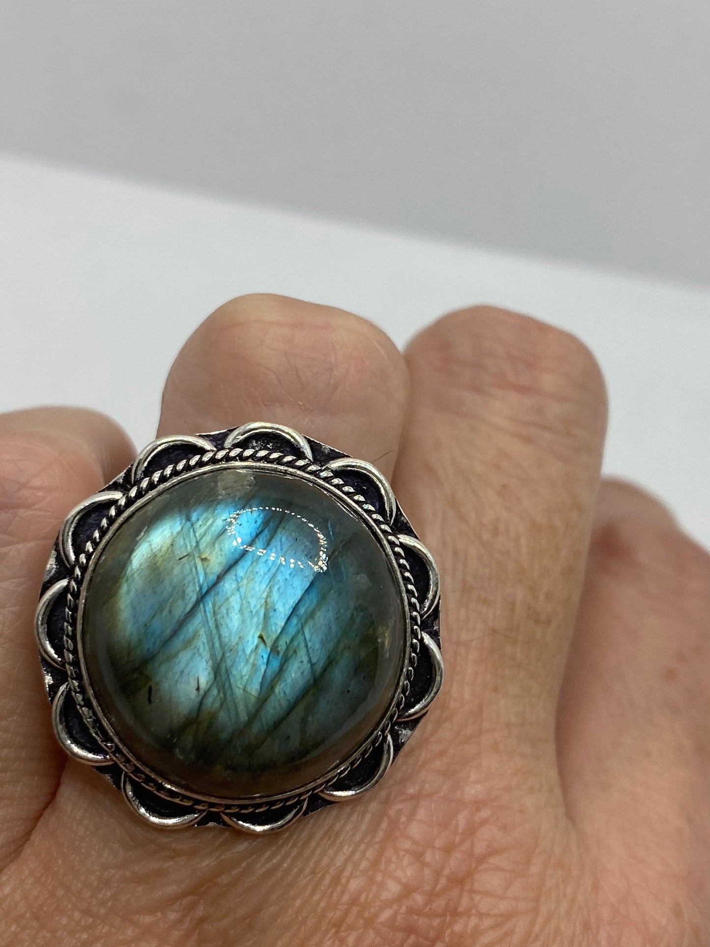 Vintage Green Rainbow Labradorite Silver Statement Ring