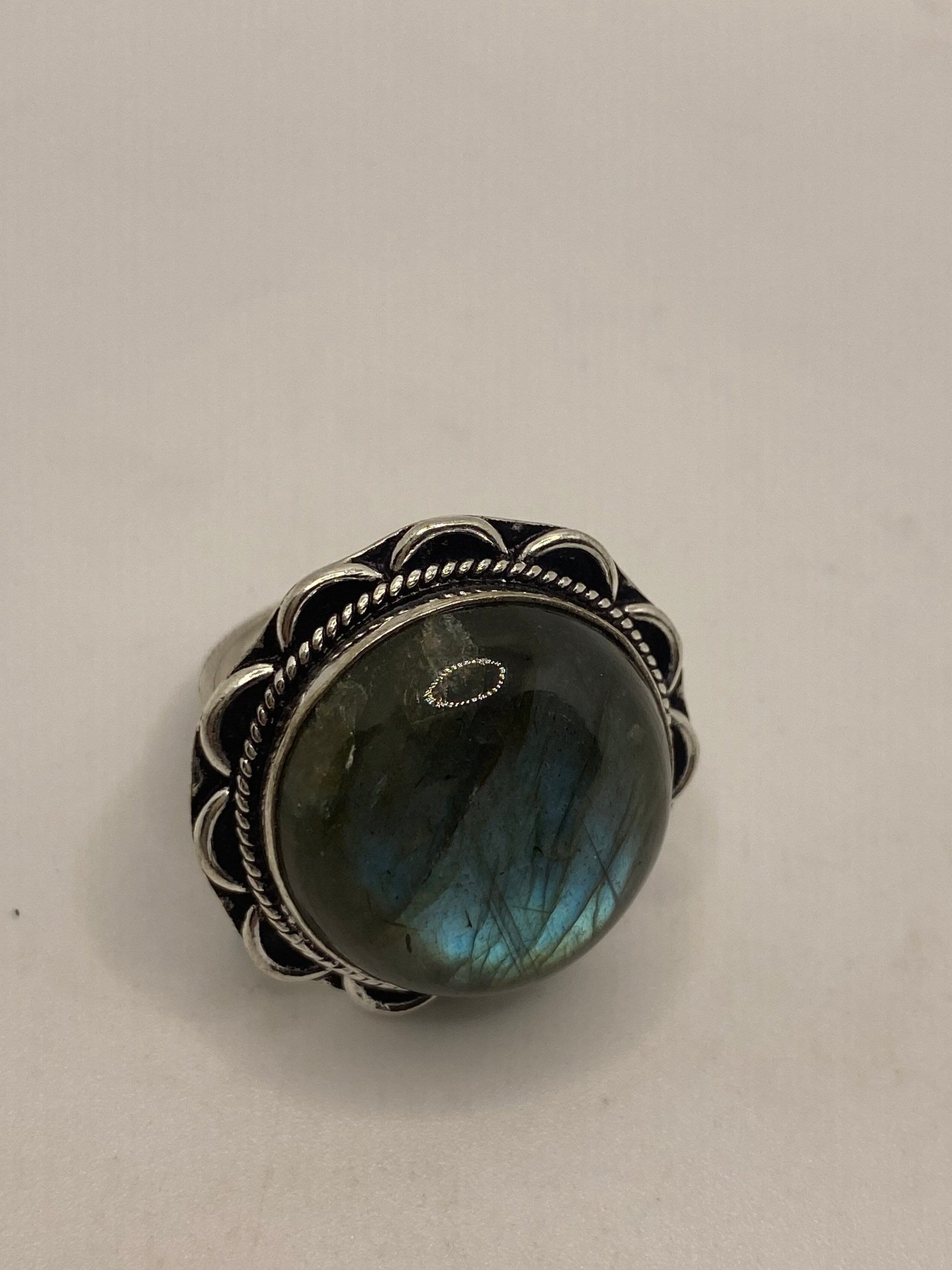 Vintage Green Rainbow Labradorite Silver Statement Ring