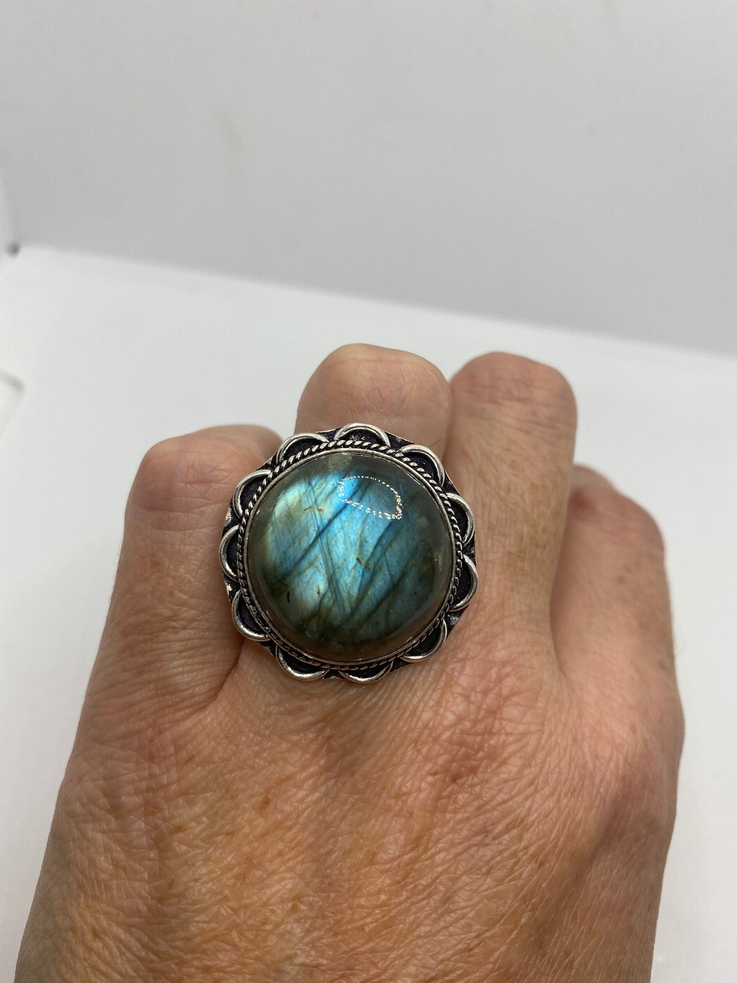 Vintage Green Rainbow Labradorite Silver Statement Ring