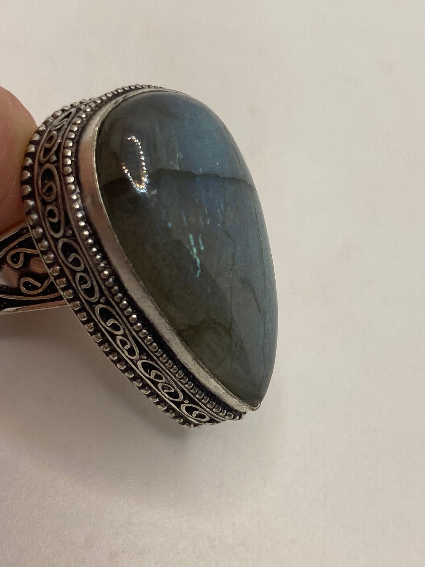 Vintage Green Rainbow Labradorite Silver Statement Ring