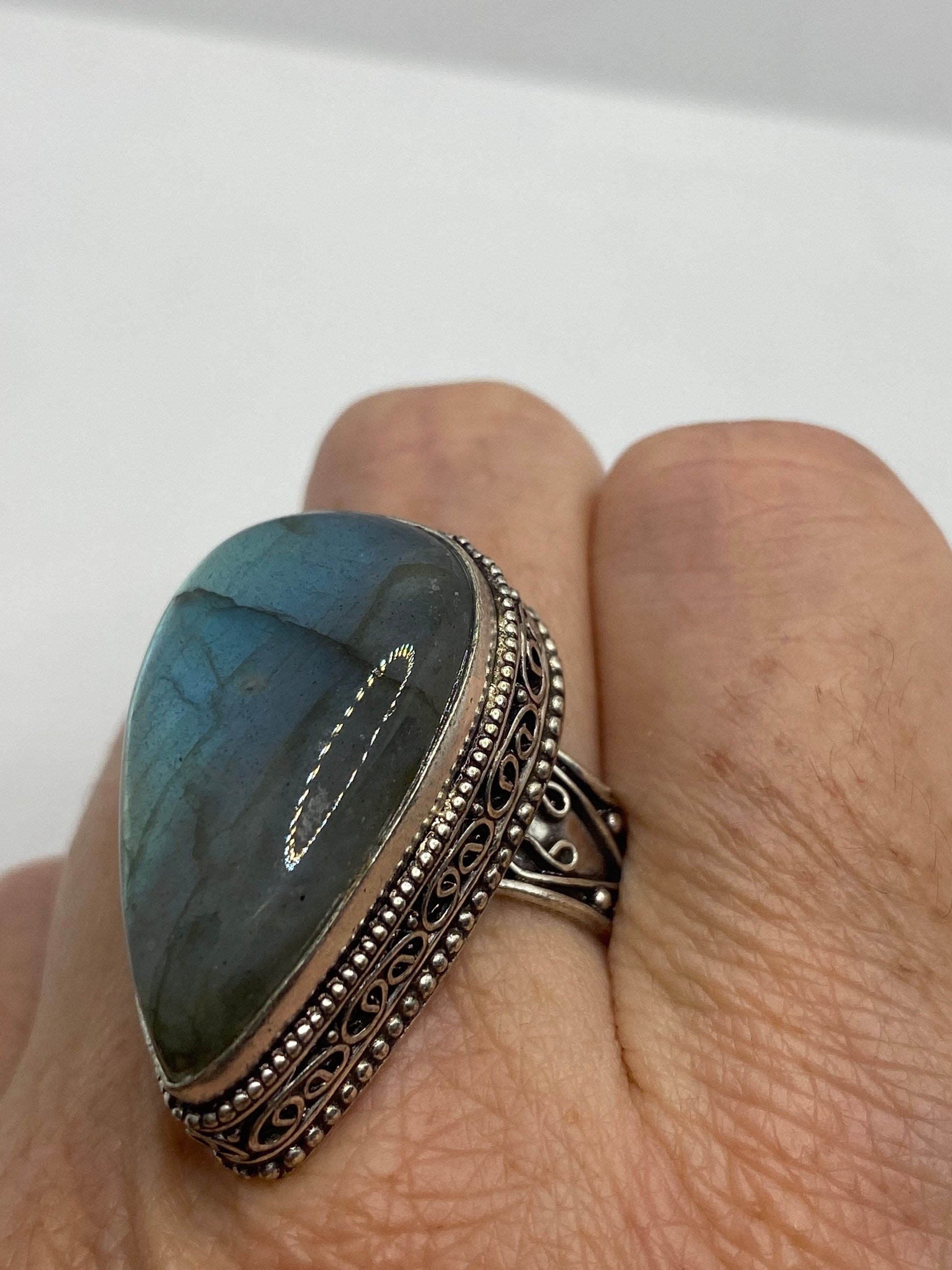 Vintage Green Rainbow Labradorite Silver Statement Ring