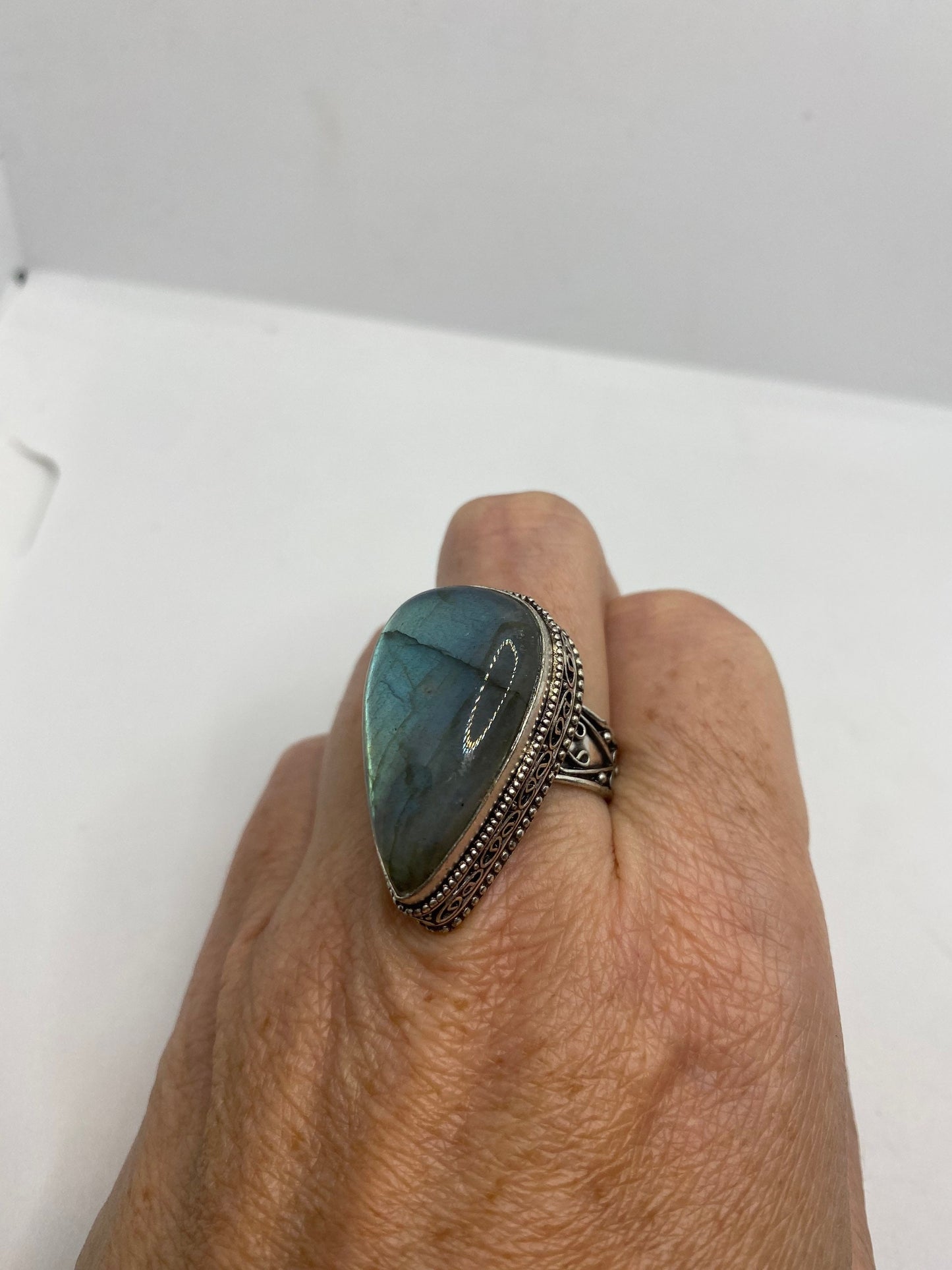 Vintage Green Rainbow Labradorite Silver Statement Ring