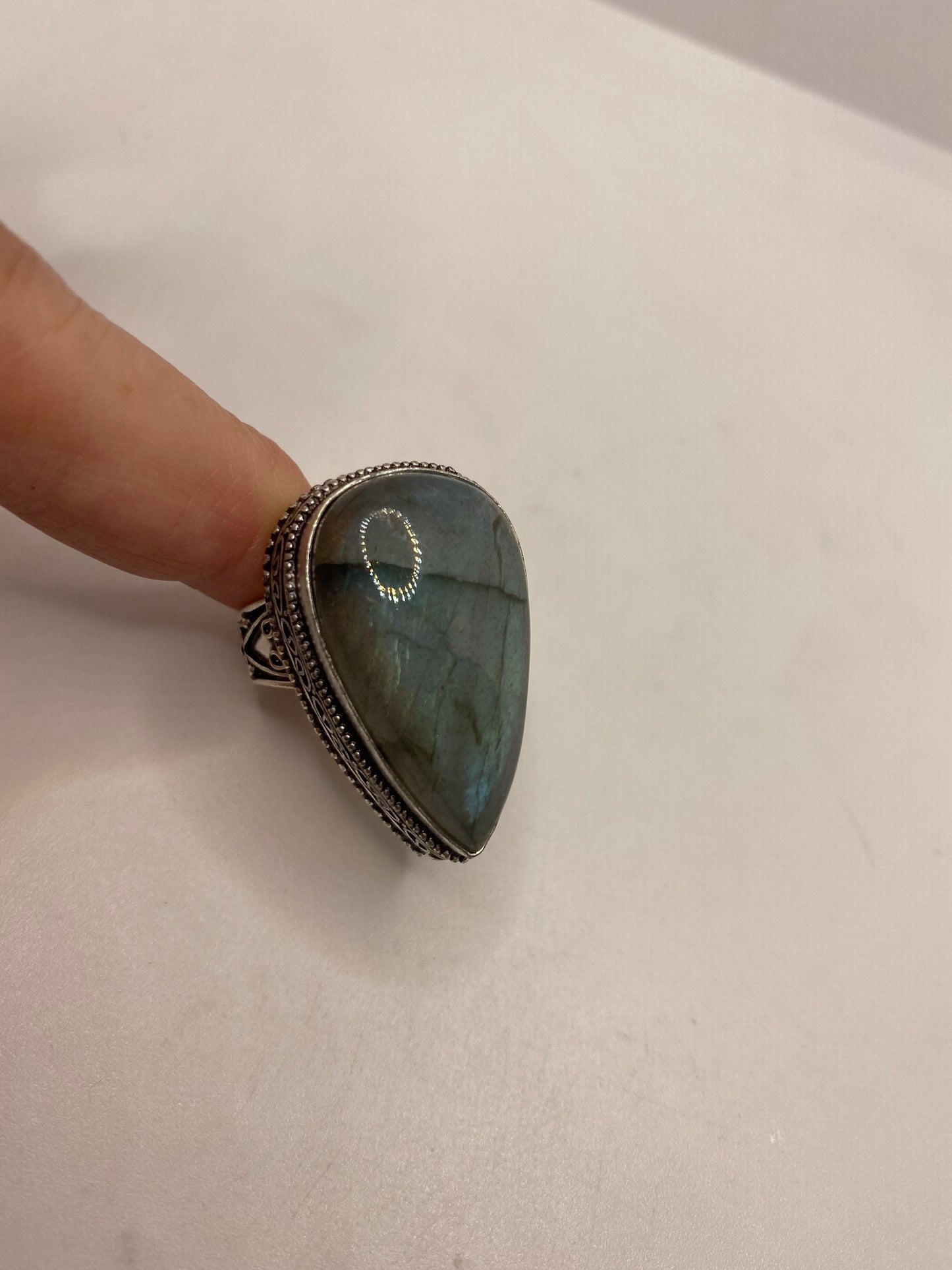 Vintage Green Rainbow Labradorite Silver Statement Ring