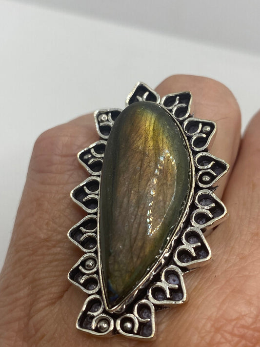 Vintage Green Rainbow Labradorite Silver Statement Ring