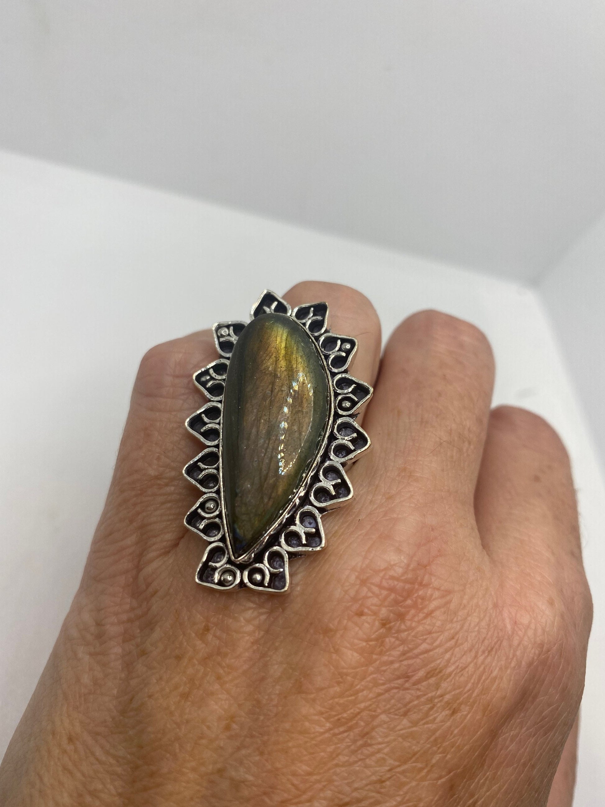 Vintage Green Rainbow Labradorite Silver Statement Ring