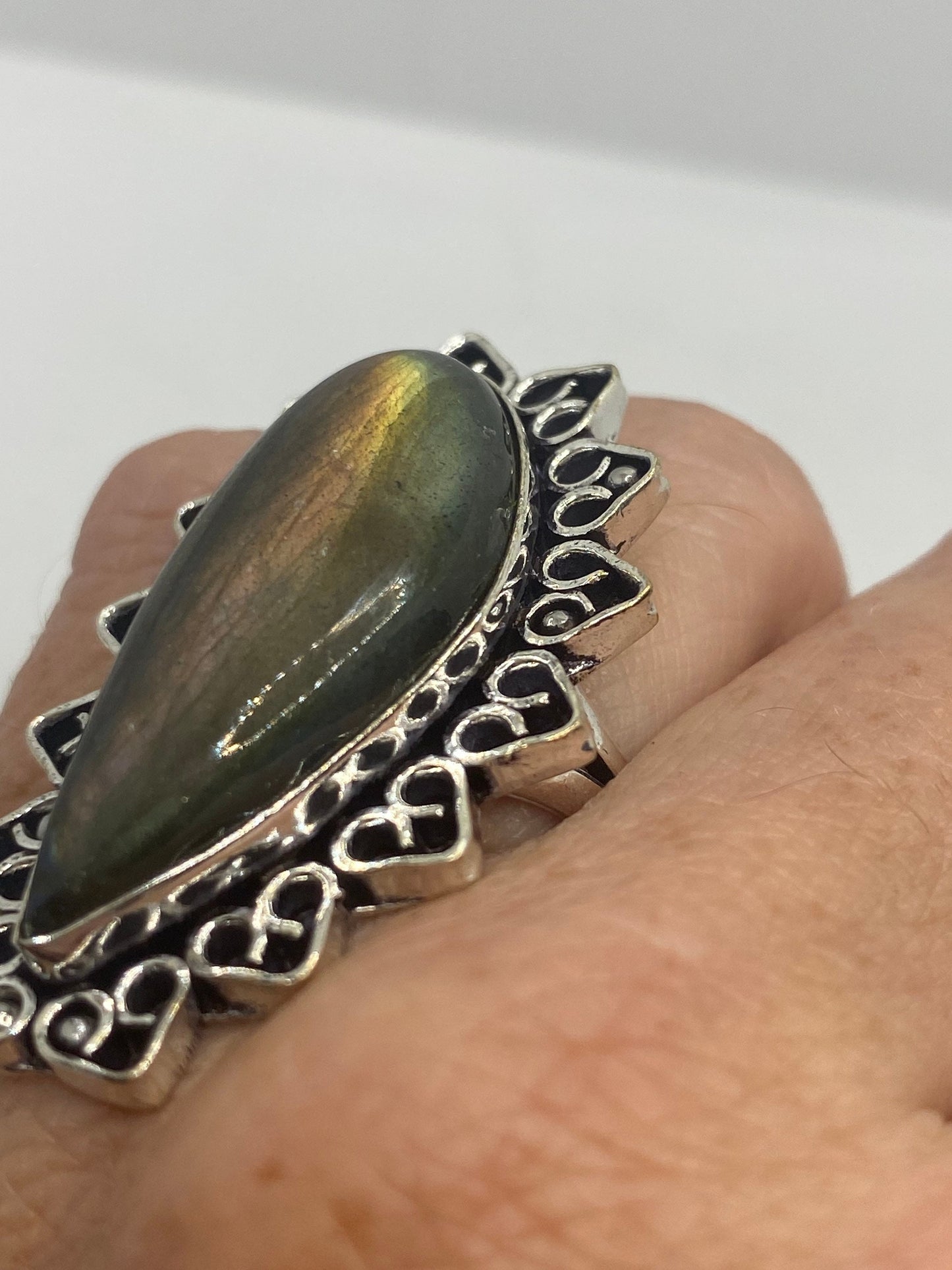 Vintage Green Rainbow Labradorite Silver Statement Ring