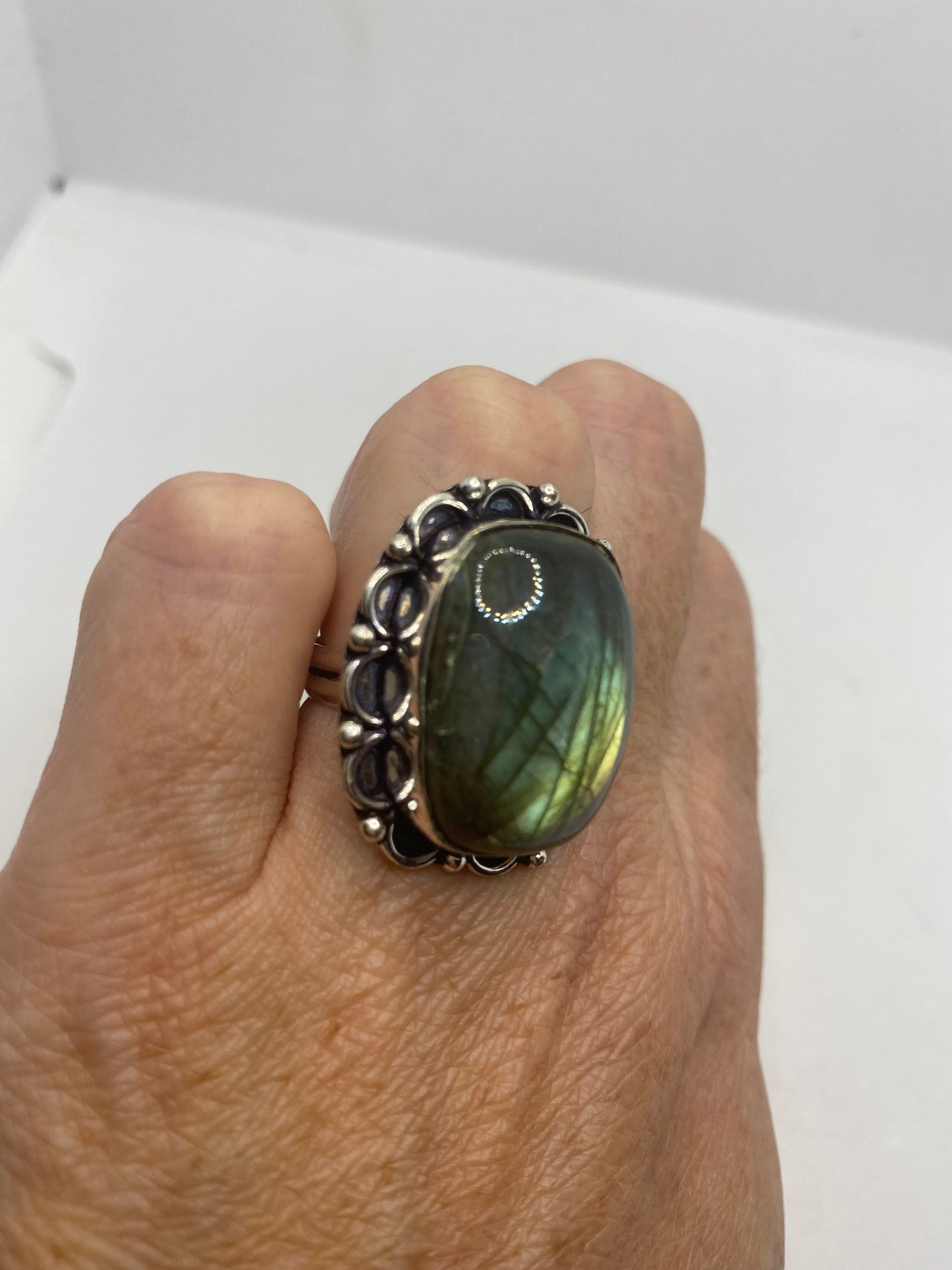 Vintage Green Rainbow Labradorite Silver Statement Ring