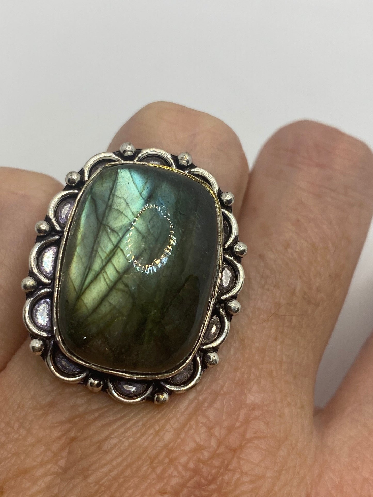 Vintage Green Rainbow Labradorite Silver Statement Ring