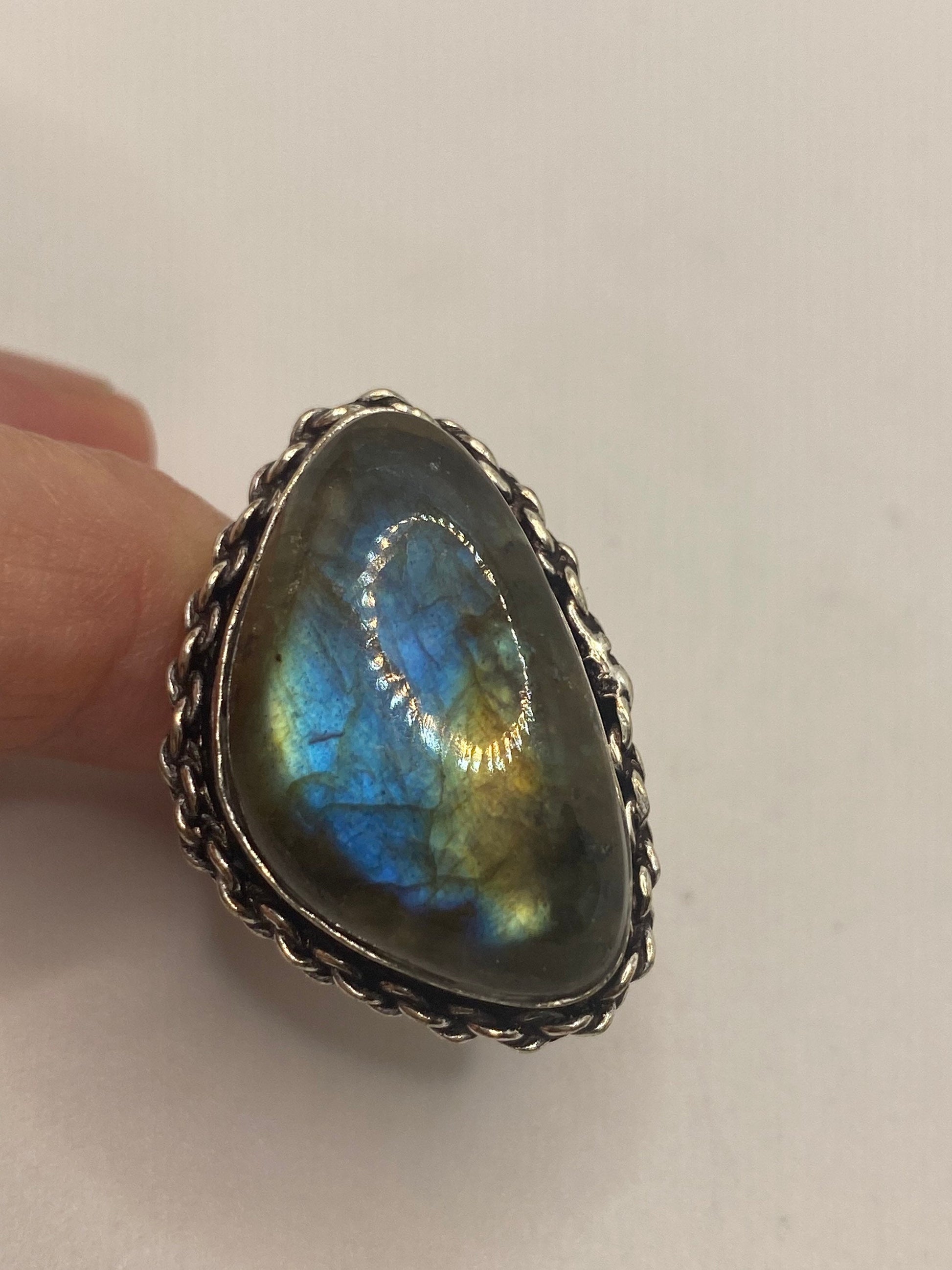 Vintage Green Rainbow Labradorite Silver Statement Ring