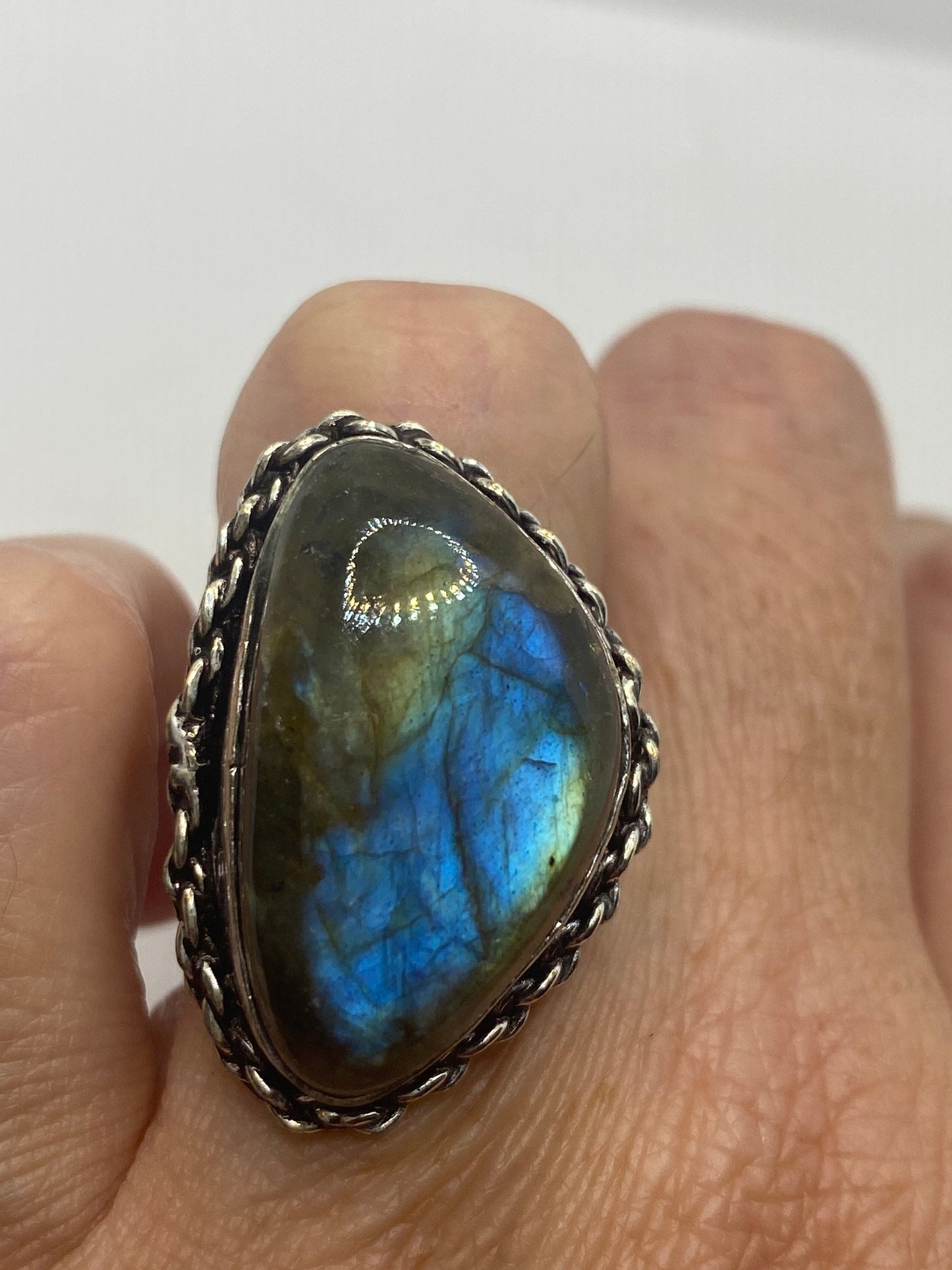 Vintage Green Rainbow Labradorite Silver Statement Ring