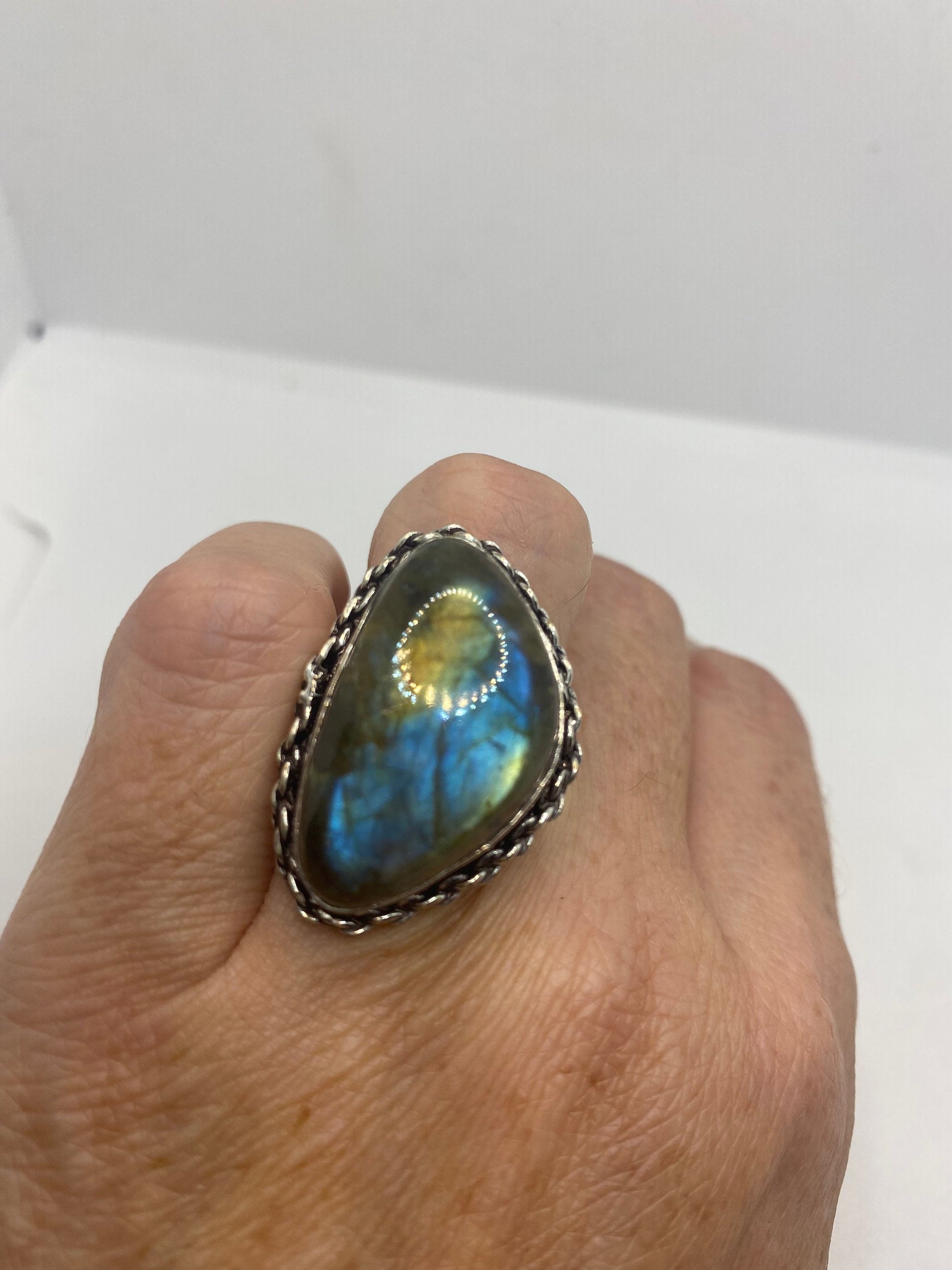 Vintage Green Rainbow Labradorite Silver Statement Ring