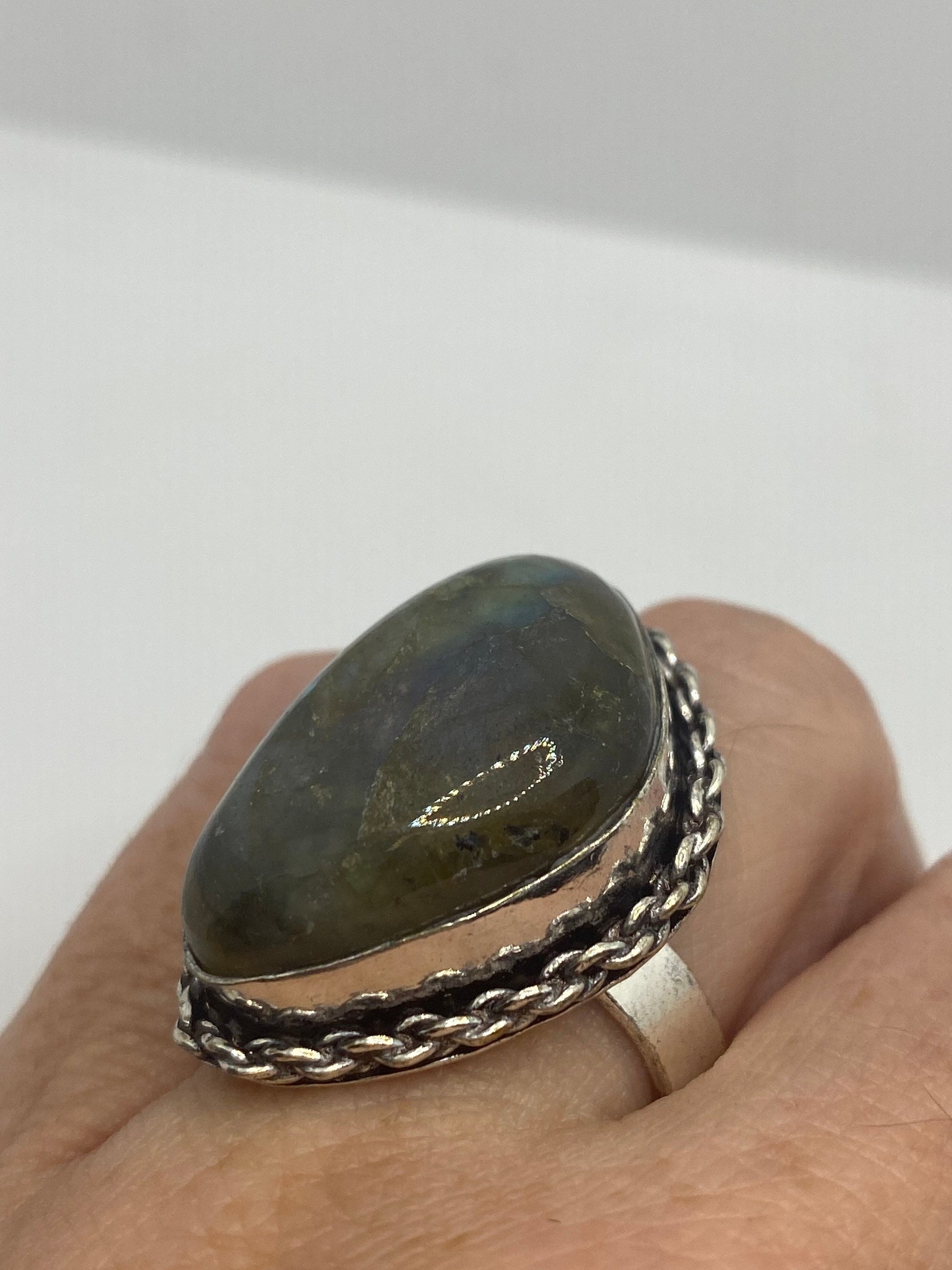 Vintage Green Rainbow Labradorite Silver Statement Ring