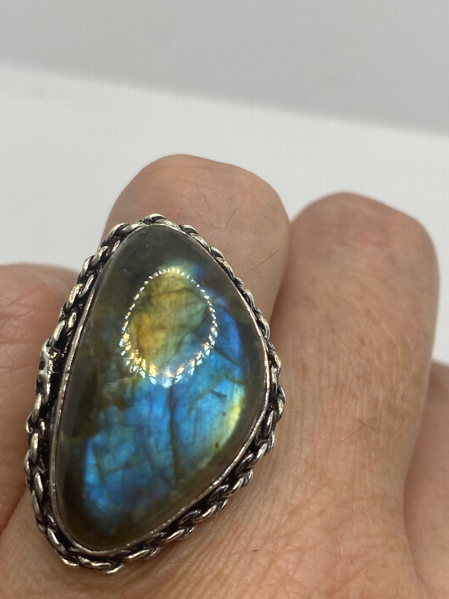 Vintage Green Rainbow Labradorite Silver Statement Ring