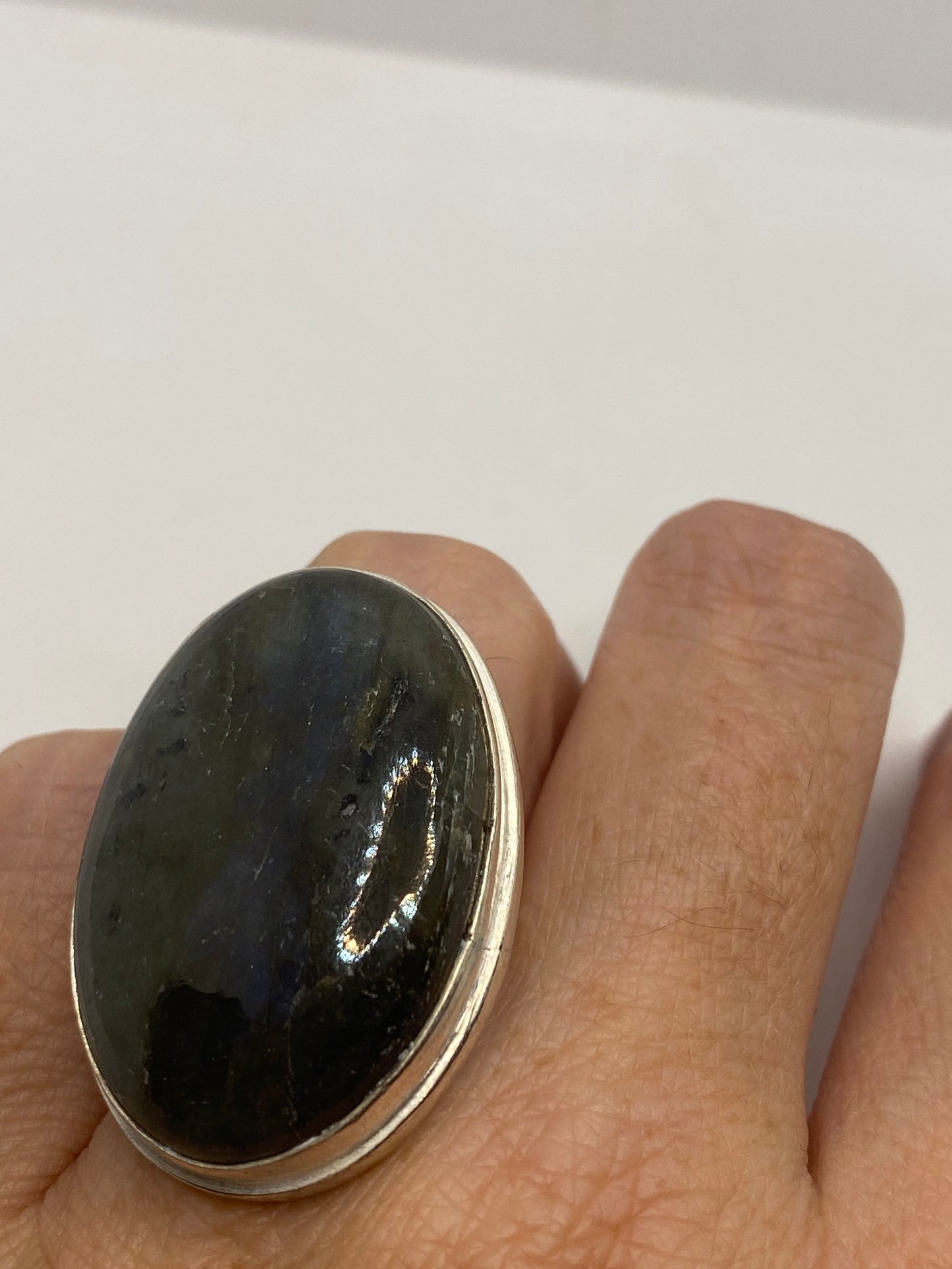 Vintage Green Rainbow Labradorite Silver Statement Ring