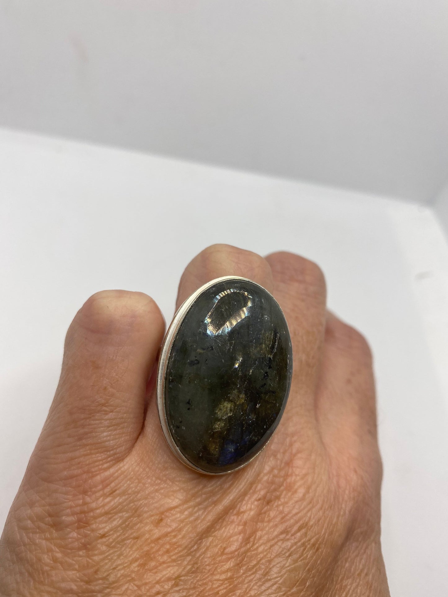 Vintage Green Rainbow Labradorite Silver Statement Ring