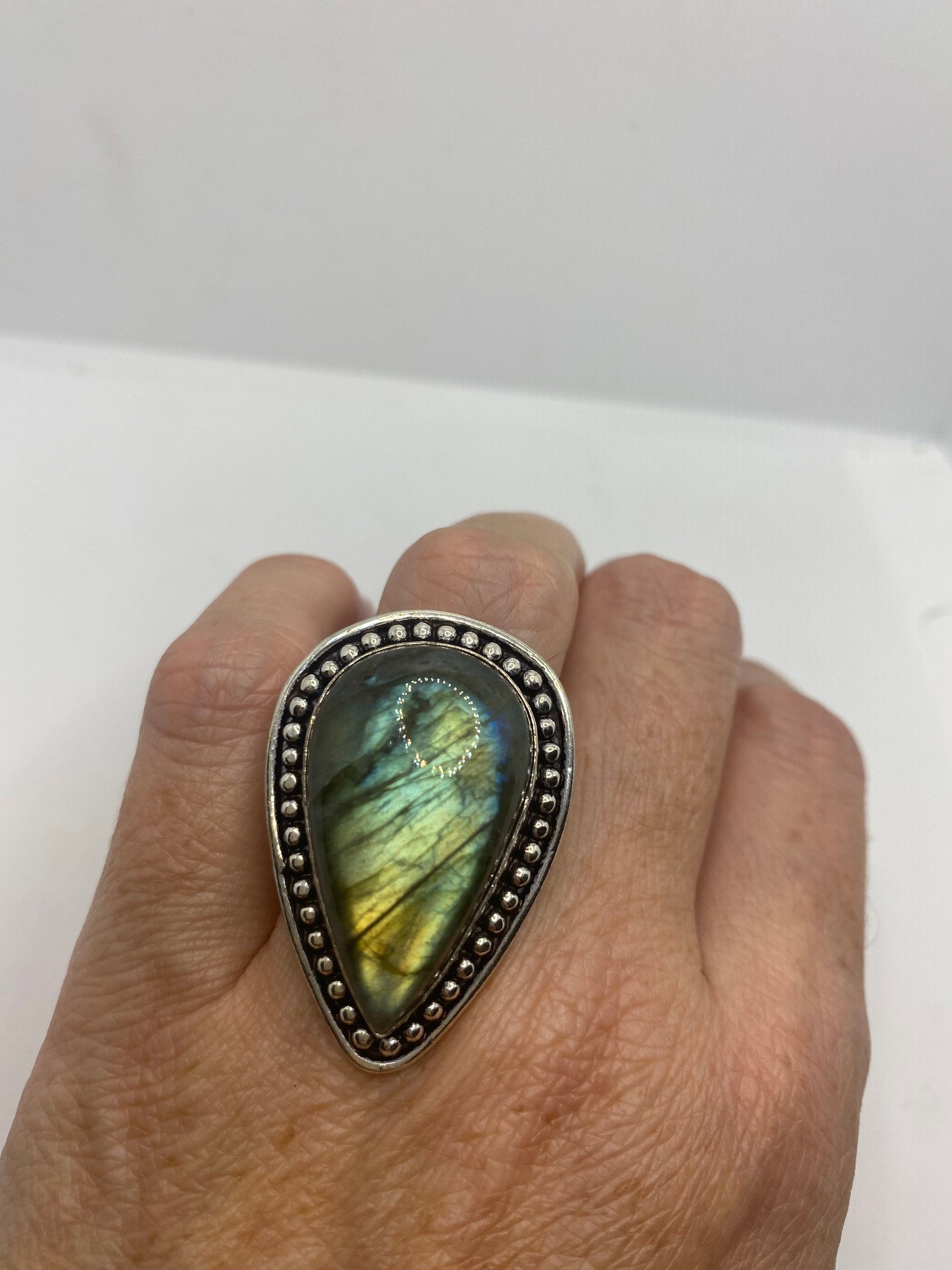 Vintage Green Rainbow Labradorite Silver Statement Ring