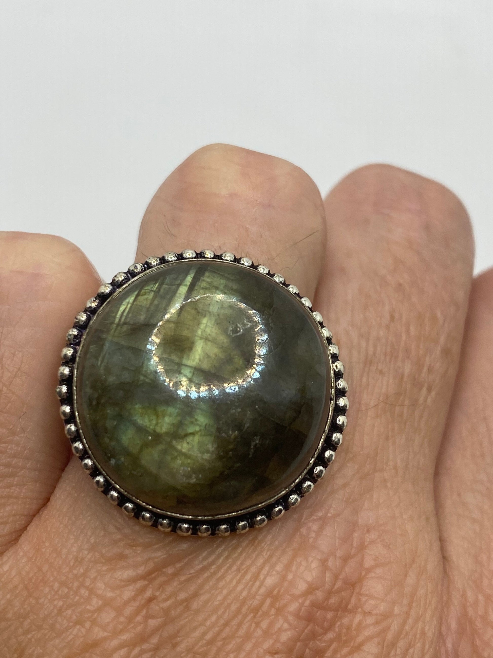 Vintage Green Rainbow Labradorite Silver Statement Ring