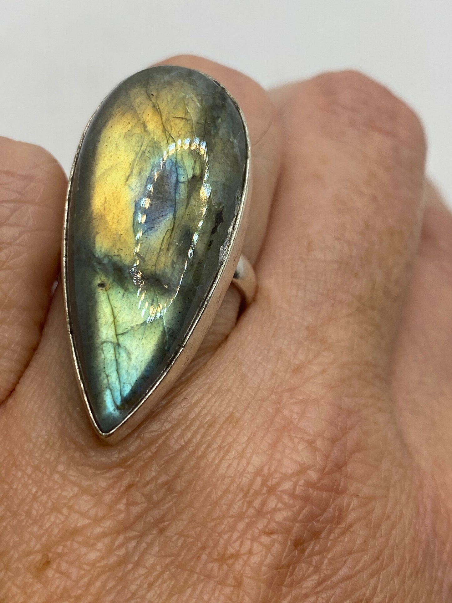 Vintage Green Rainbow Labradorite Silver Statement Ring