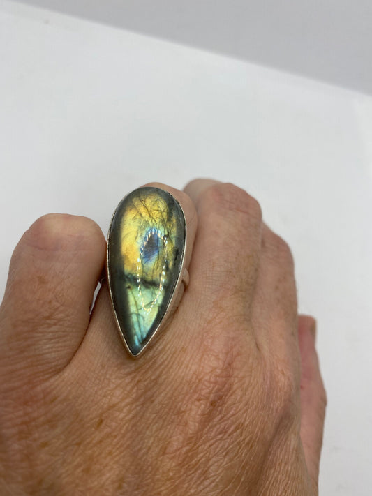 Vintage Green Rainbow Labradorite Silver Statement Ring