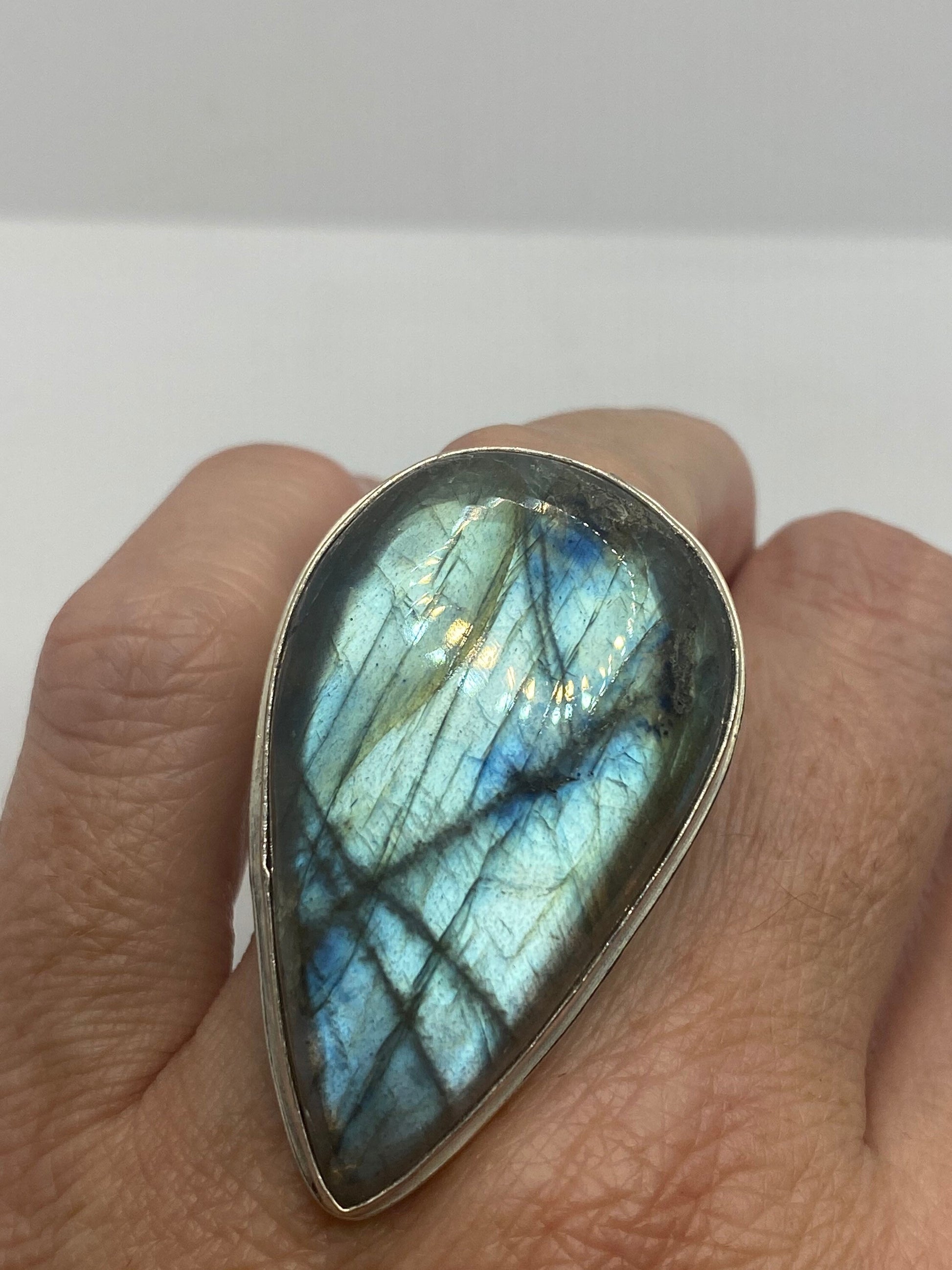 Vintage Green Rainbow Labradorite Silver Statement Ring