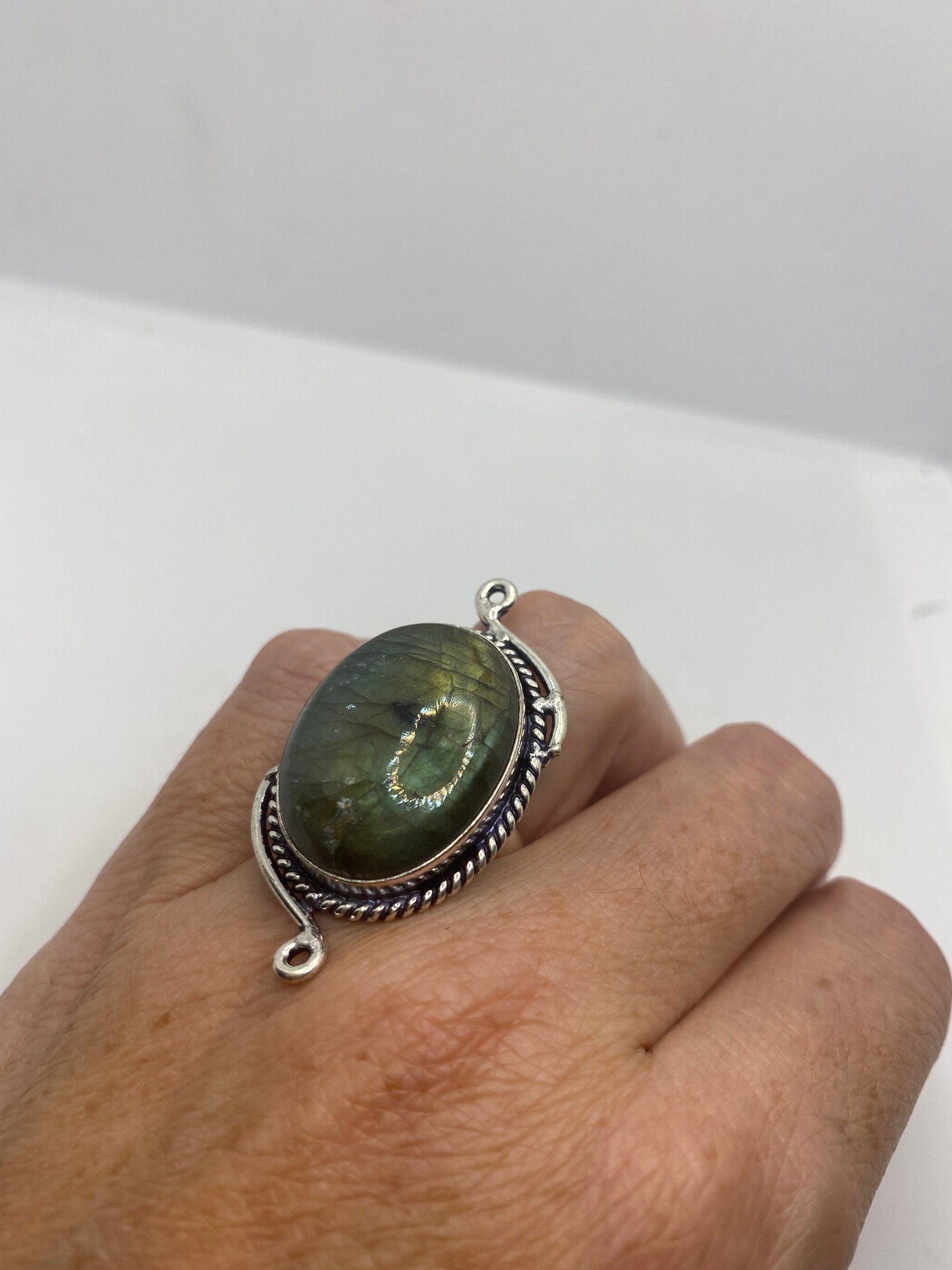 Vintage Green Rainbow Labradorite Silver Statement Ring