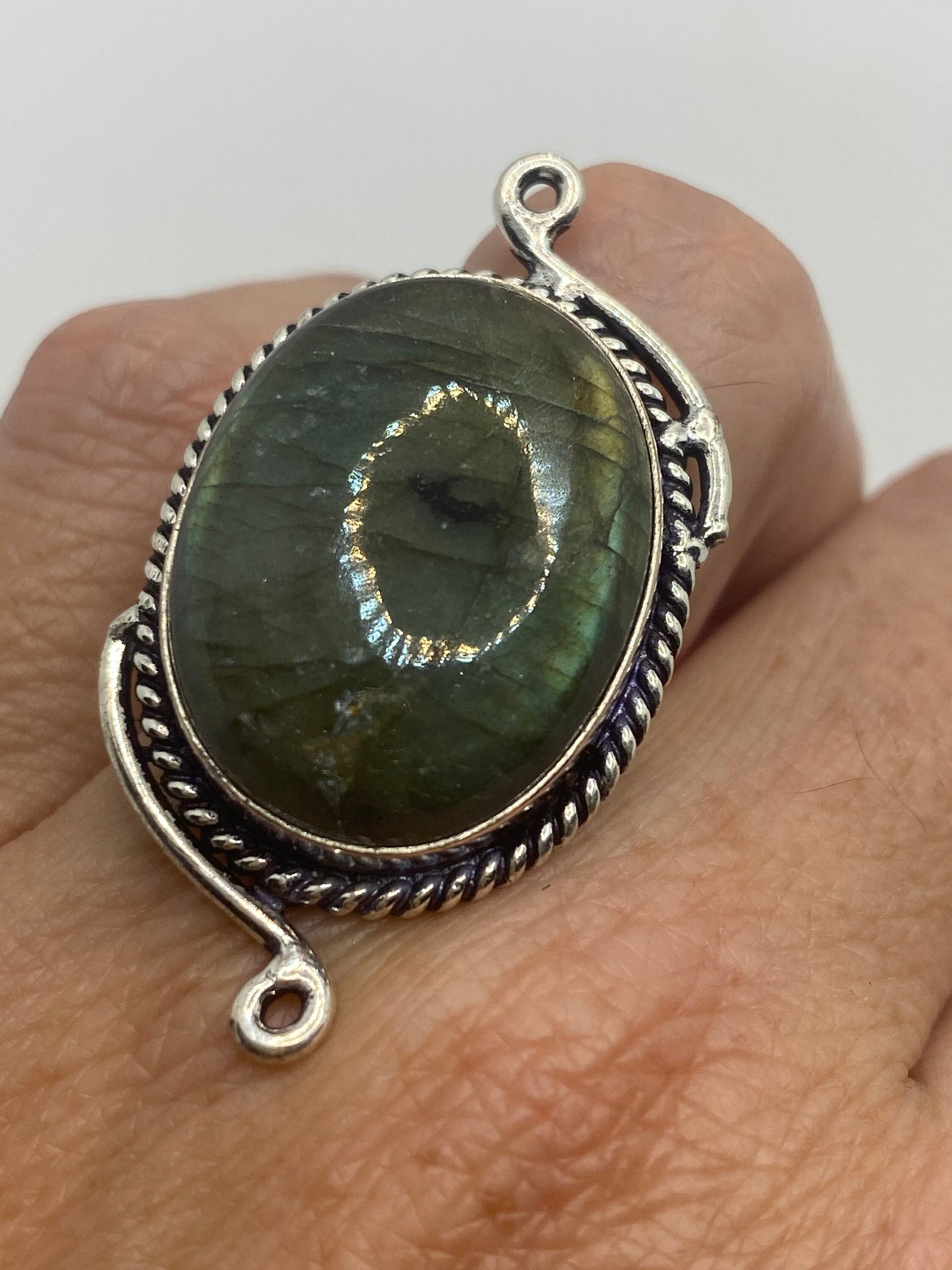 Vintage Green Rainbow Labradorite Silver Statement Ring