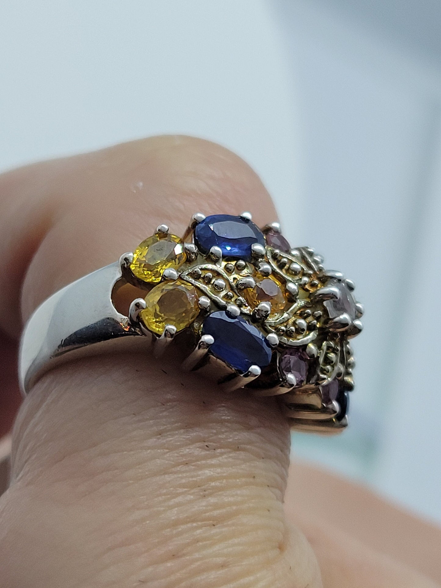 Vintage Blue and White Sapphire Yellow Citrine and Pink Tourmaline Ring in 925 Sterling Silver Flower Setting