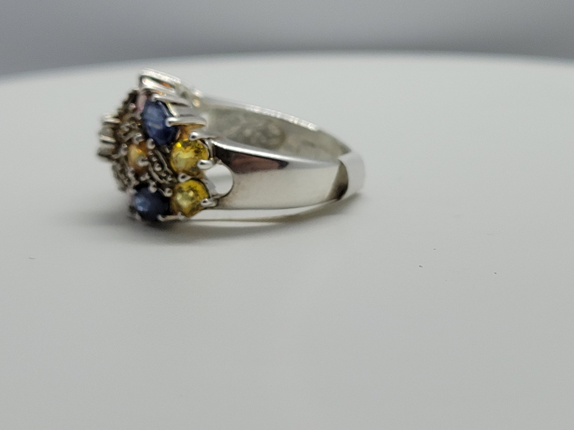 Vintage Blue and White Sapphire Yellow Citrine and Pink Tourmaline Ring in 925 Sterling Silver Flower Setting
