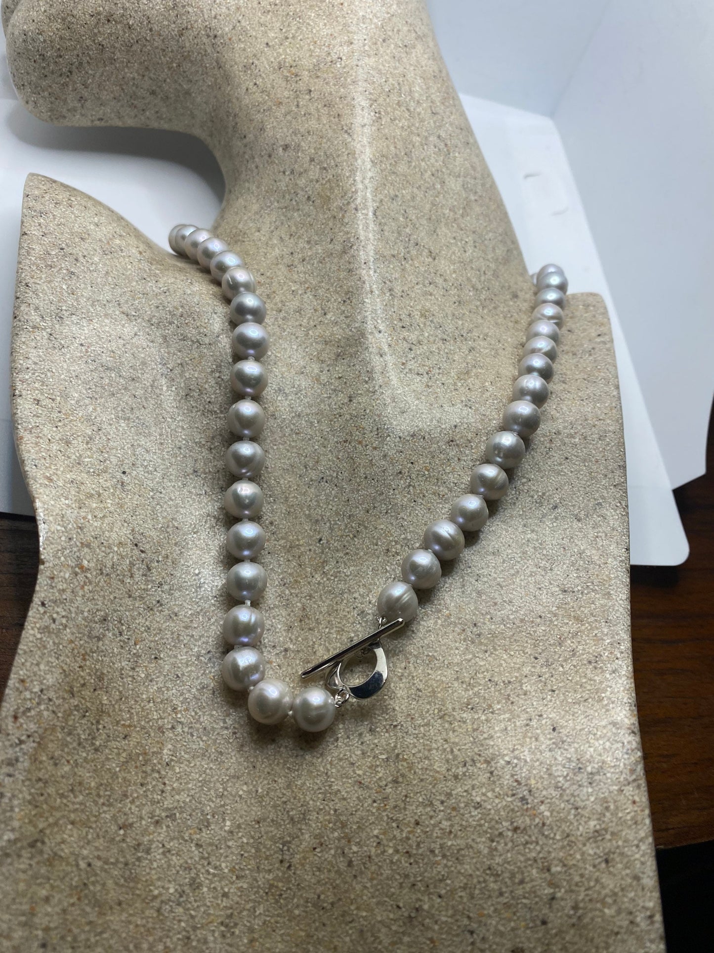 Vintage Hand Knotted Gray Pearl 18 in Heart Toggle Necklace