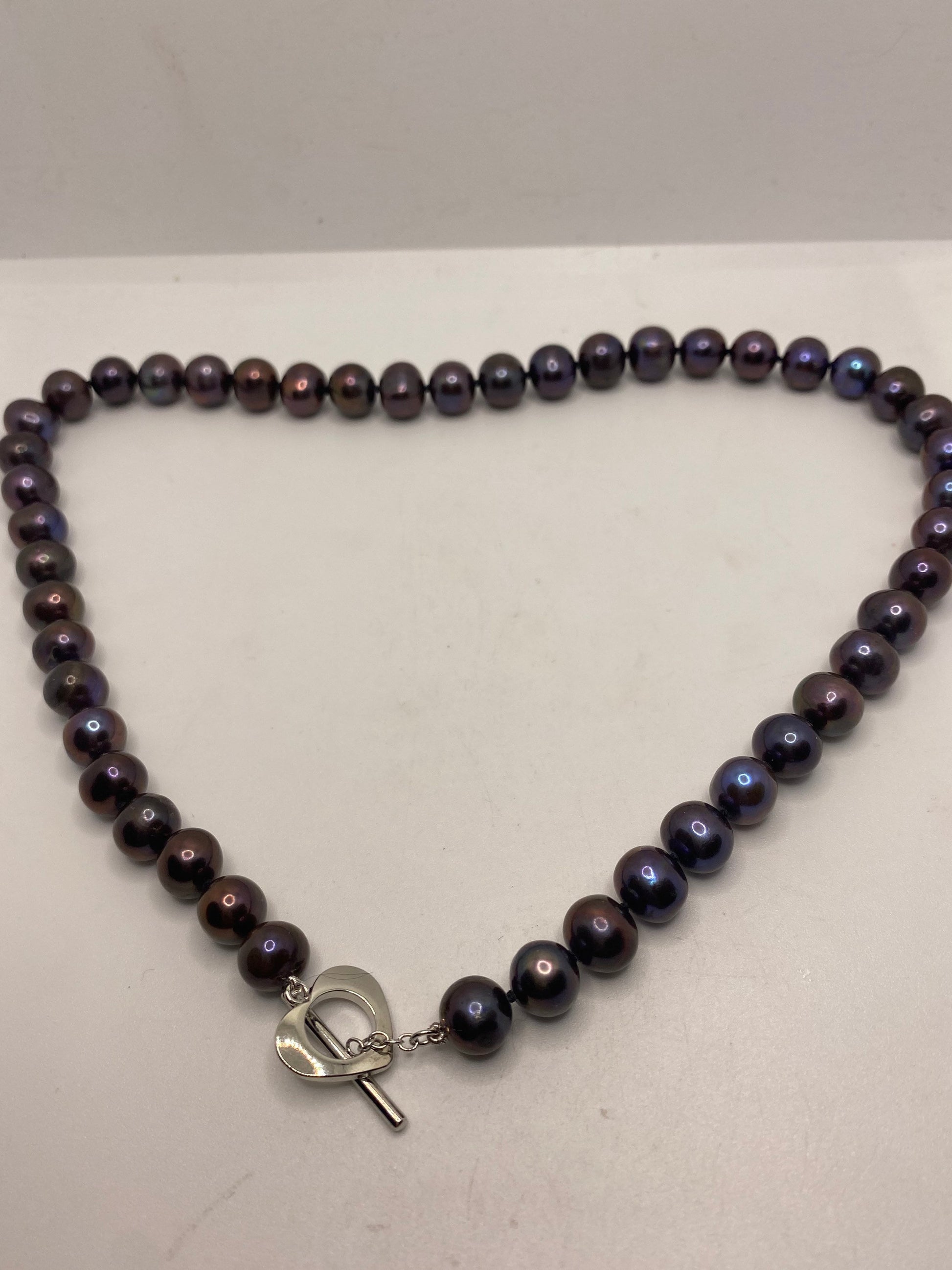 Vintage Hand Knotted Black Pearl 18 in Heart Toggle Necklace
