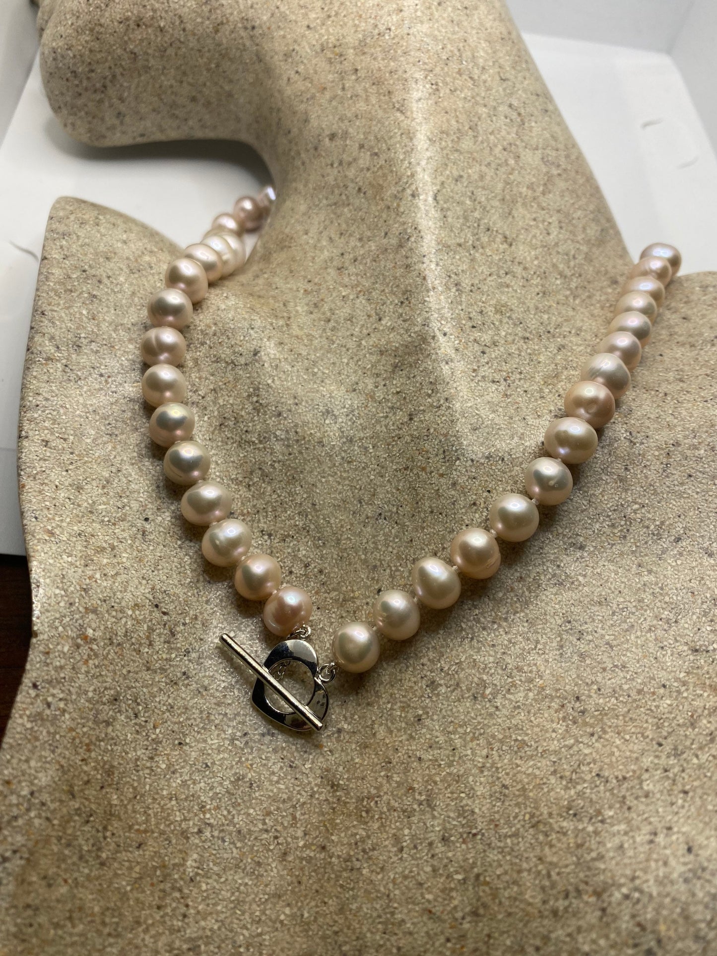 Vintage Hand Knotted Pink Pearl 18 in Heart Toggle Necklace