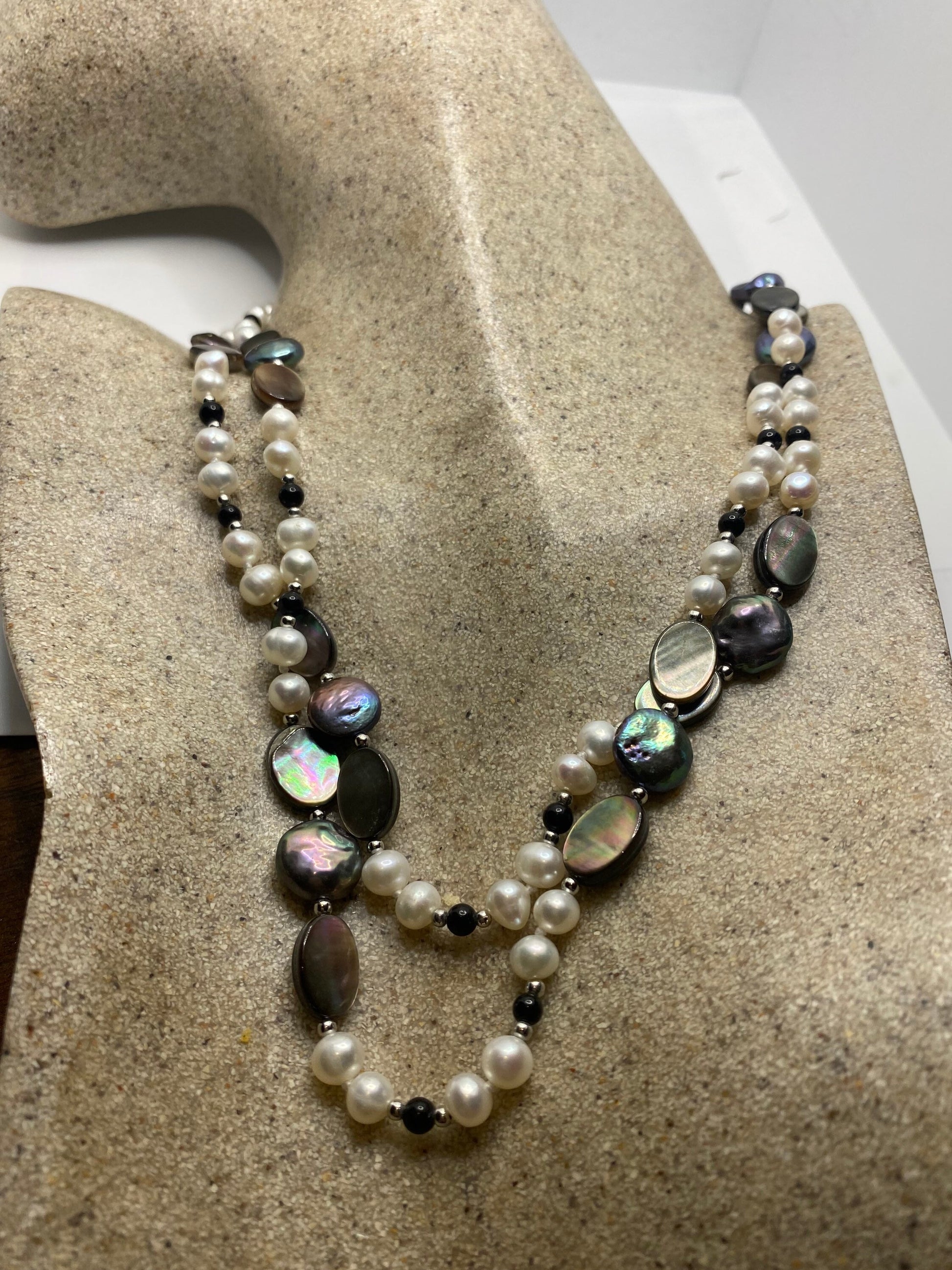 Vintage Hand Knotted Grey Pearl Double 18 in Necklace