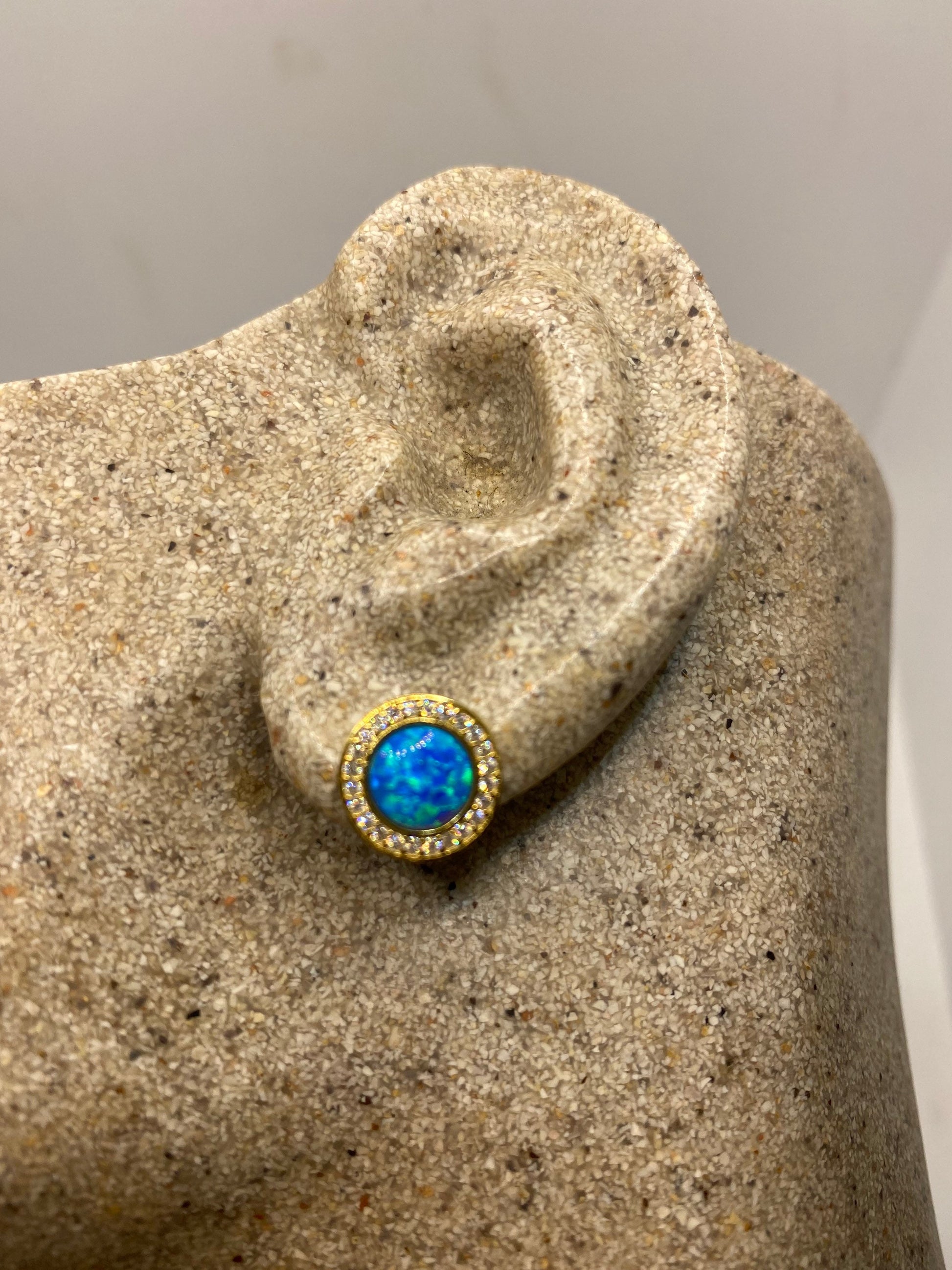 Vintage Blue Opal Earrings Golden 925 Sterling Silver Stud Button