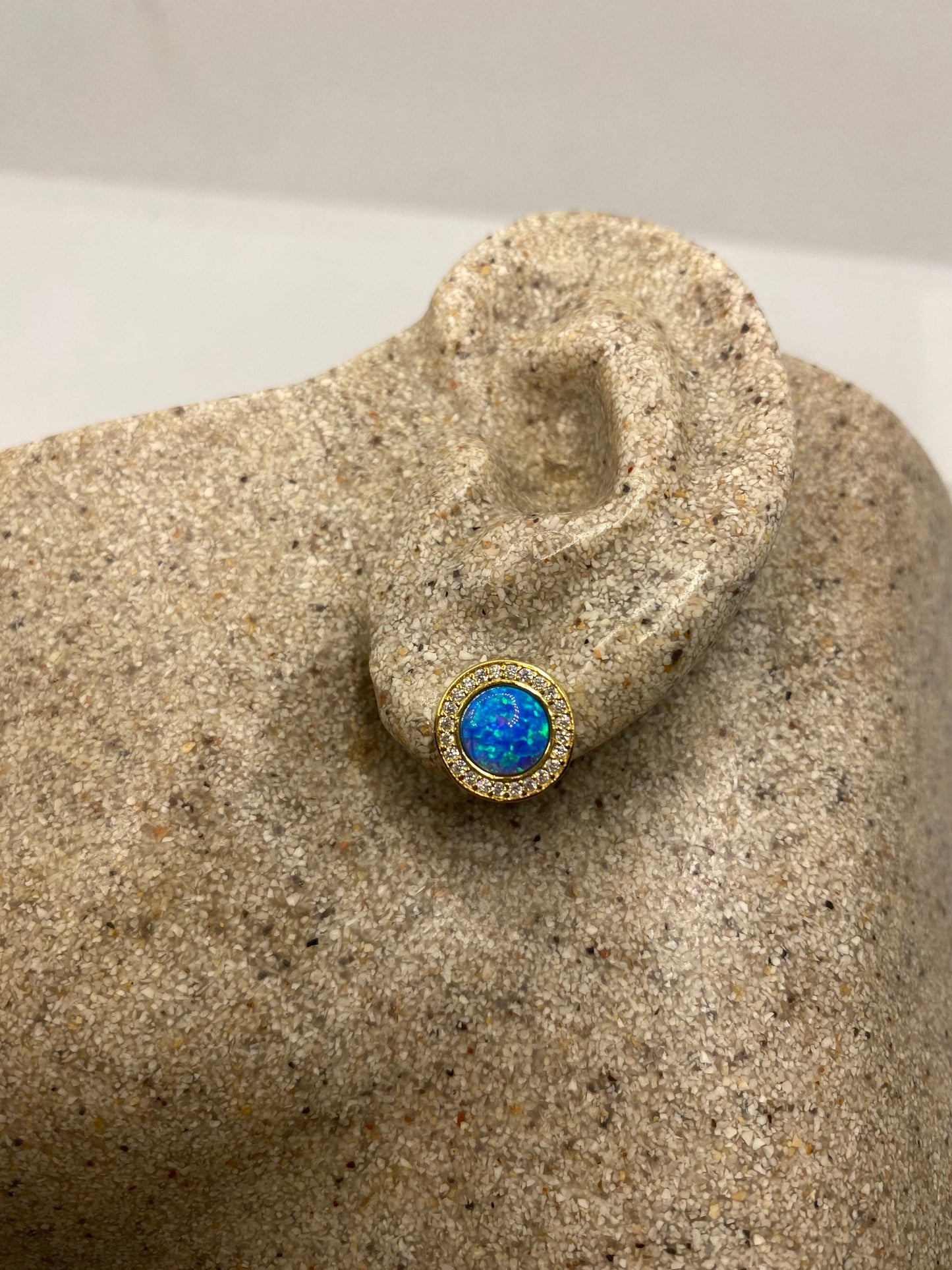Vintage Blue Opal Earrings Golden 925 Sterling Silver Stud Button