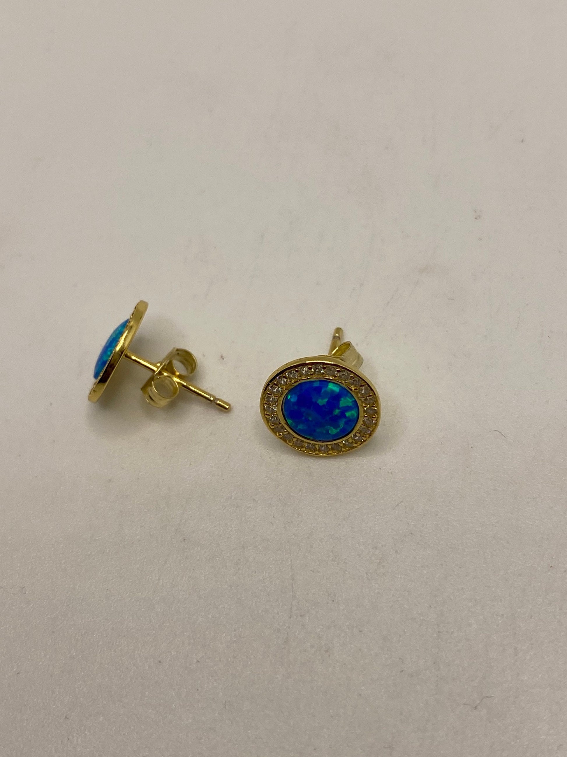 Vintage Blue Opal Earrings Golden 925 Sterling Silver Stud Button