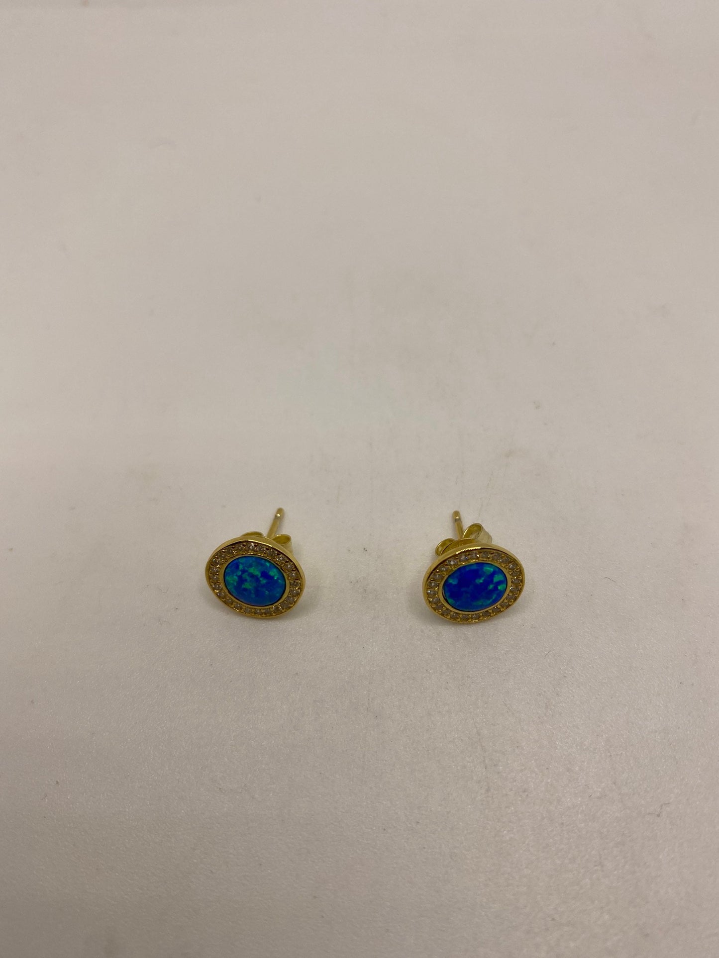 Vintage Blue Opal Earrings Golden 925 Sterling Silver Stud Button