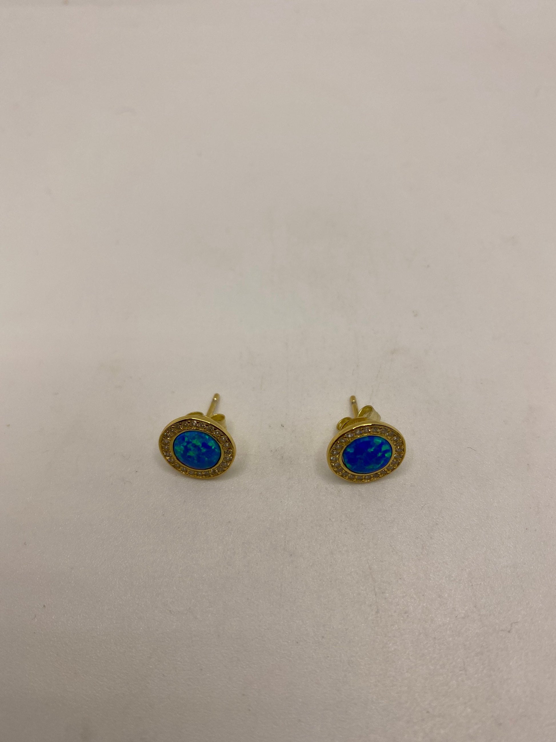 Vintage Blue Opal Earrings Golden 925 Sterling Silver Stud Button